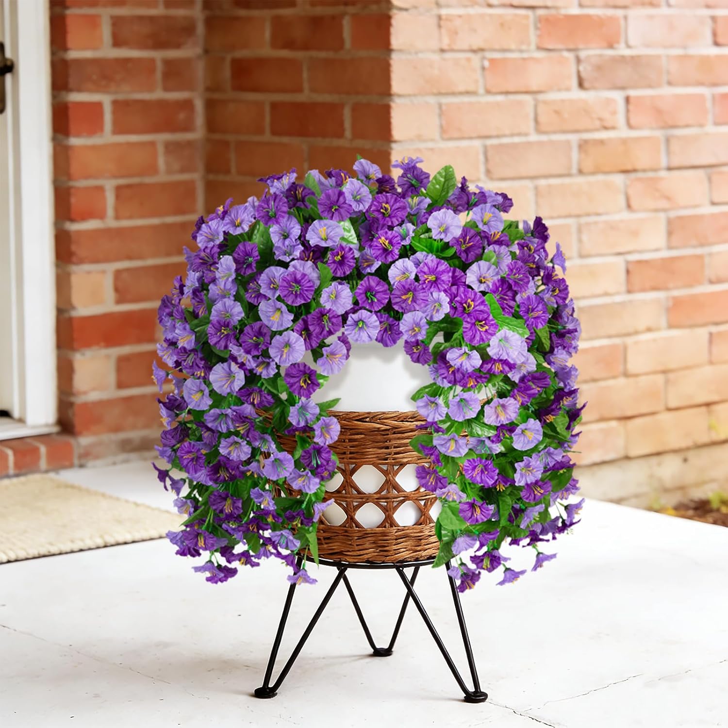 INXUGAO Artificial Fake Hanging Flowers Plants for Outdoor Decoration, 2PCS Faux Silk Morning Glory Long Vines Stems UV Resistant Look Real for Spring Summer Outside Home Porch Patio, Purple