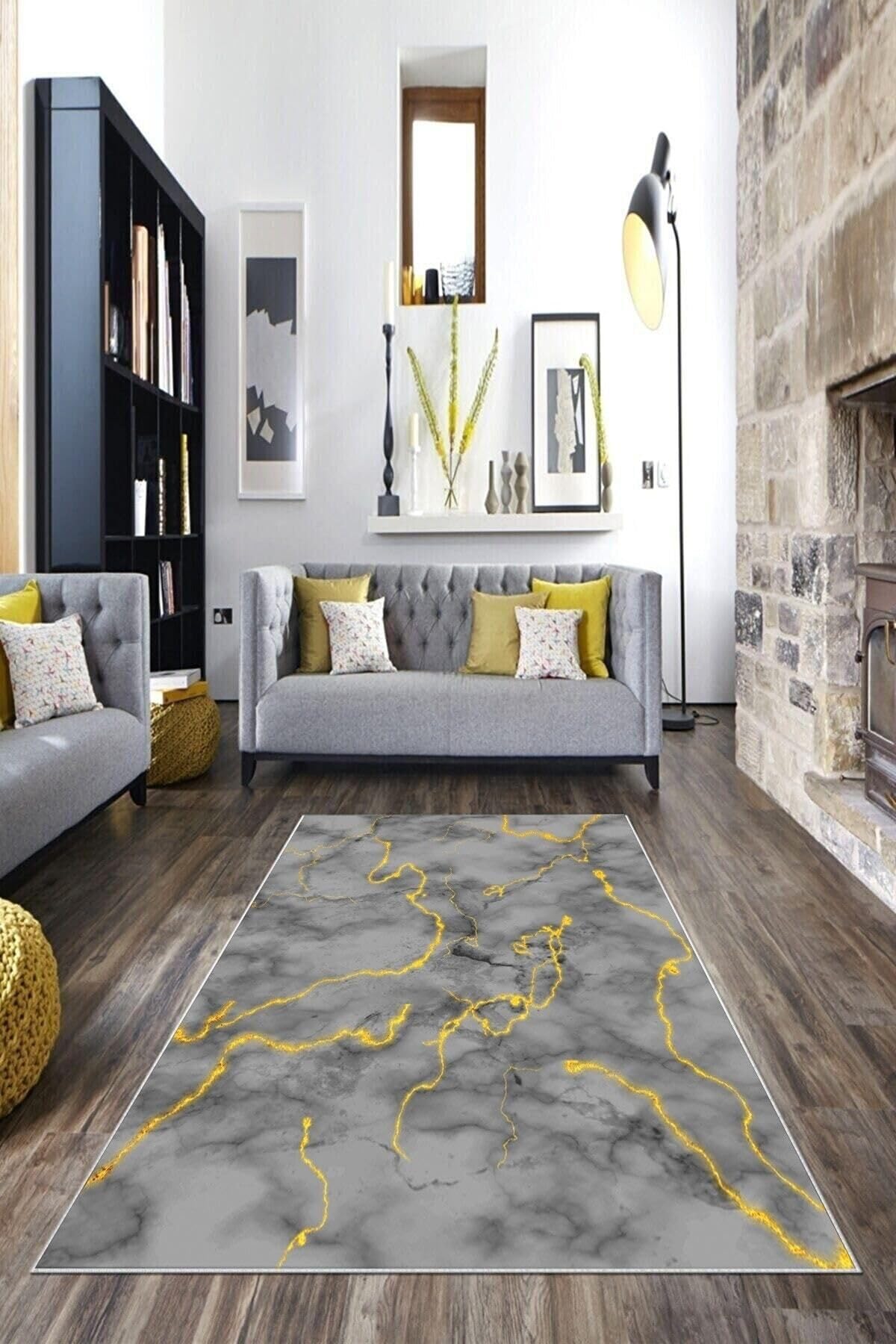 Pelangi Gri Desenli Gold Detaylı Yıkanabilir Kaymaz Taban Leke Tutmaz Modern Salon Halısı Ve Yolluk, Gri 160 x 240, 135828316024005