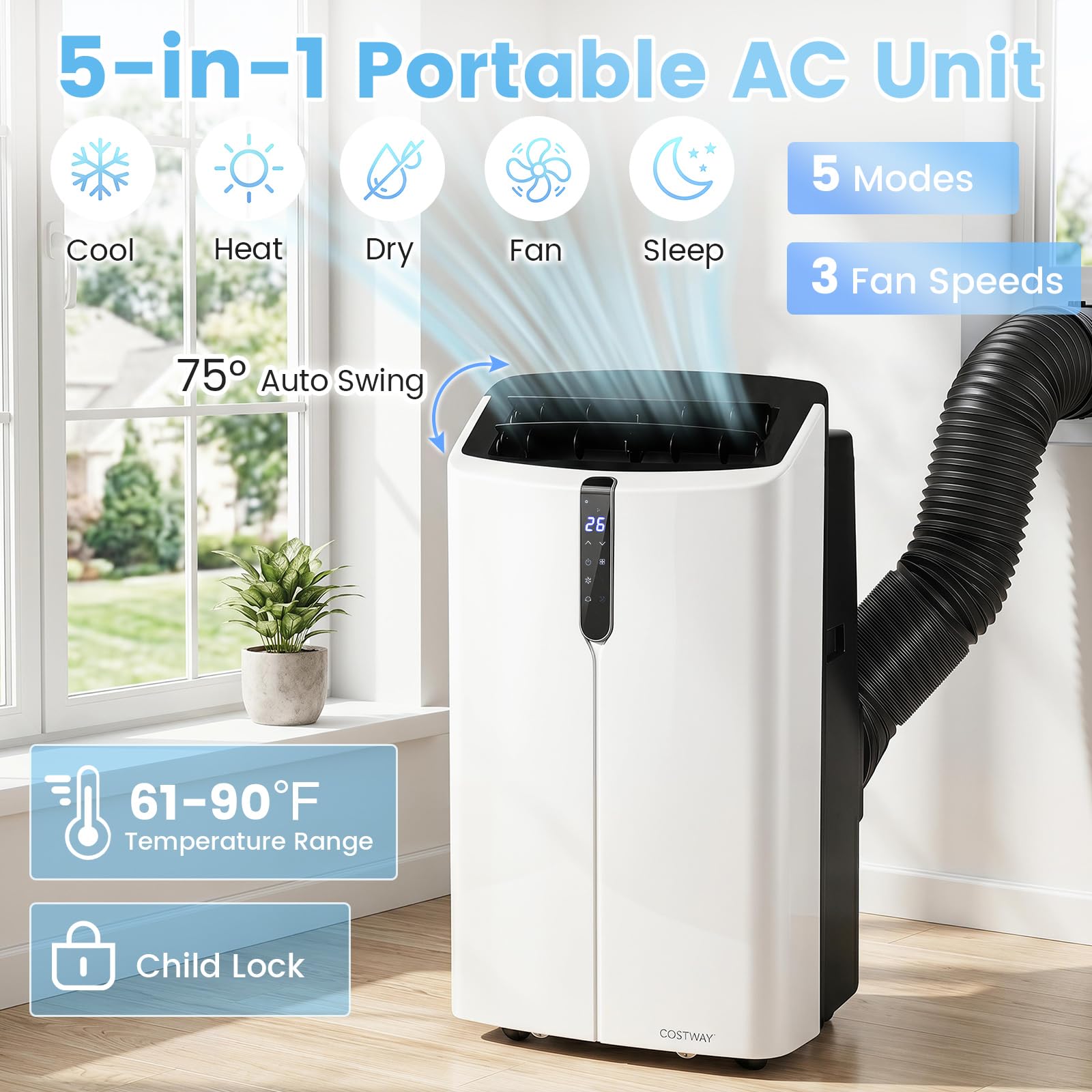 COSTWAY 12000 BTU Klimaanlage mobil mit Abluftschlauch & Fernbedienung/Wifi | Klimagerät mobil mit Kühlung, Heizung, Entfeuchtung, Ventilator & Schlafmodus, Air Conditioner leise, Kühlgerät 3,5kW
