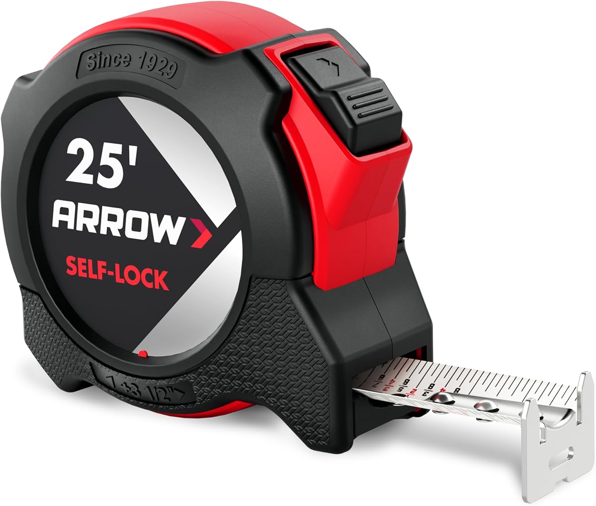 Arrow 25FT Auto-Lock Tape Measure, Easy Read Double Sided Measuring Tape | Double Sided Measurement Tape with 1″ Blade,Fractions 1/8″, Belt Clip, Dual-End Metal Hook, and Rubber Protective Casing