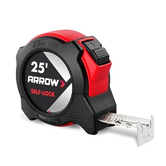 Arrow 25FT Auto-Lock Tape Measure, Easy Read Measuring Tape with Fractions 1/8, Double Sided Measurement Tape with 1 Blade, Belt Clip, Dual-End Metal Hook, and Rubber Protective Casing