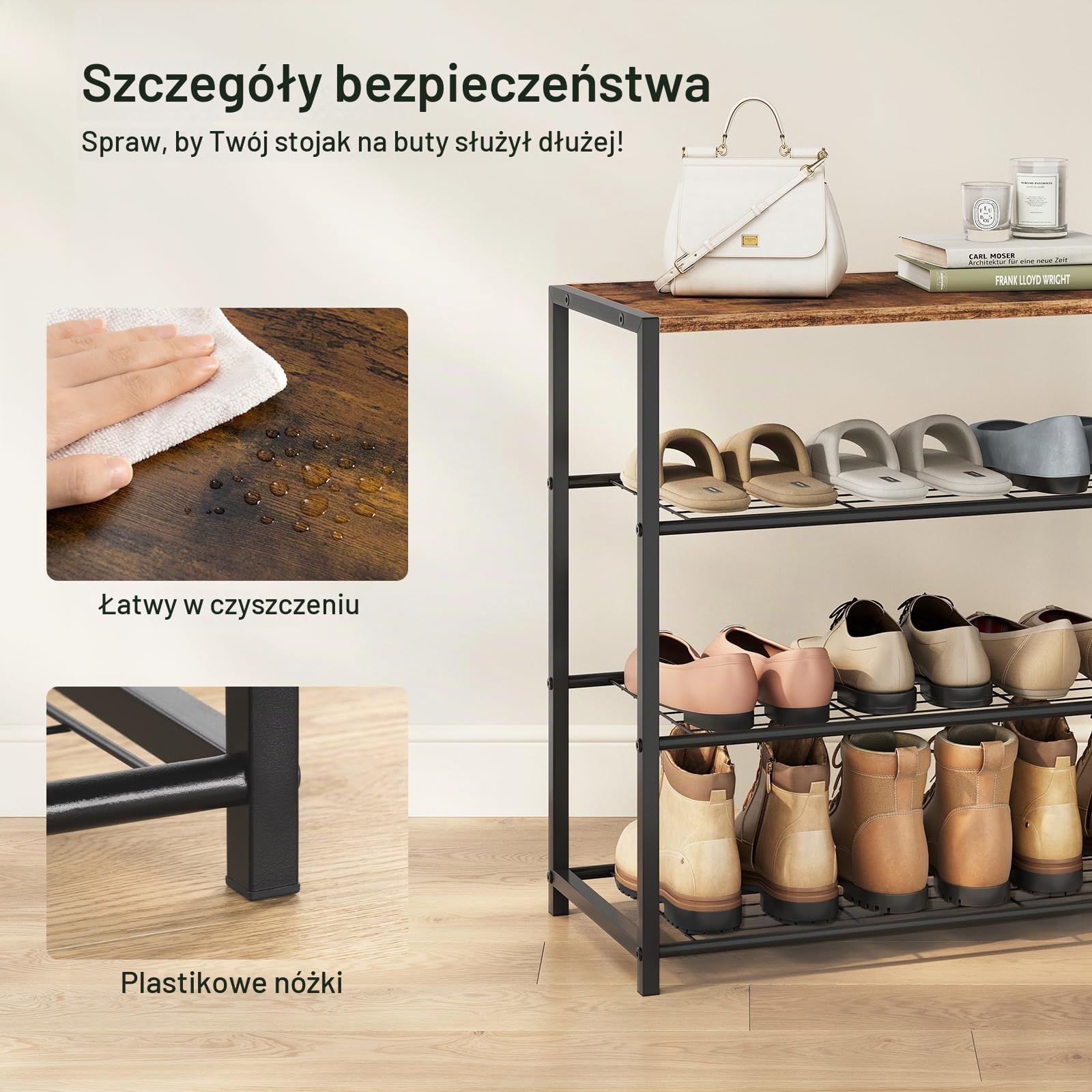 WOLTU SR0087dc stojak na buty 3-poziomowa ławka na buty z siedziskiem, metalowa drewniana szafka do przechowywania butów, szafki, organizer do przedpokoju SR0087dc