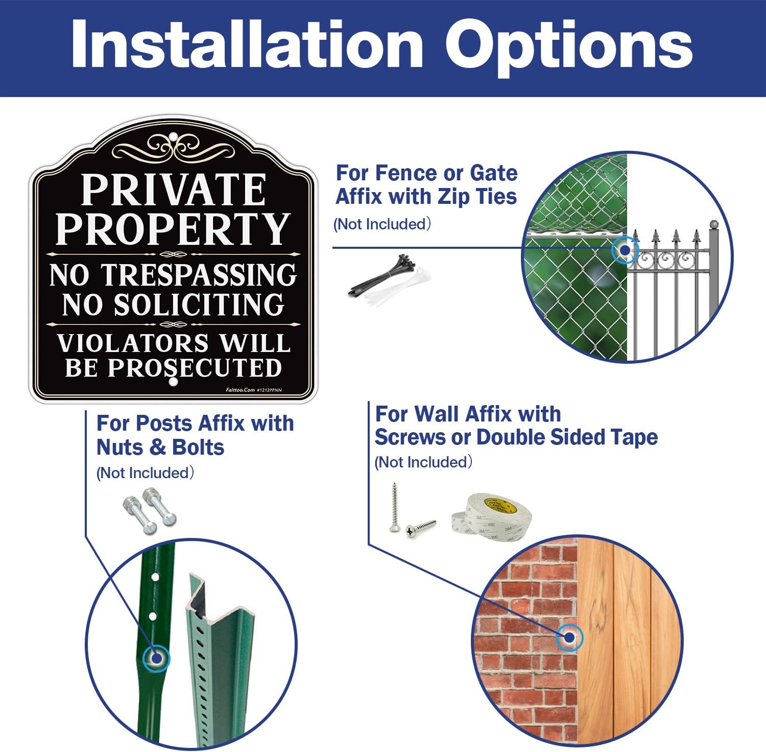 Faittoo Private Property No Trespassing No Soliciting Sign, Violators Will Be Prosecuted Sign, 4-Pack 11.6 x 11.6 Inch Reflective Aluminum, UV Protected, Weather/Fade Resistant, Easy to Install