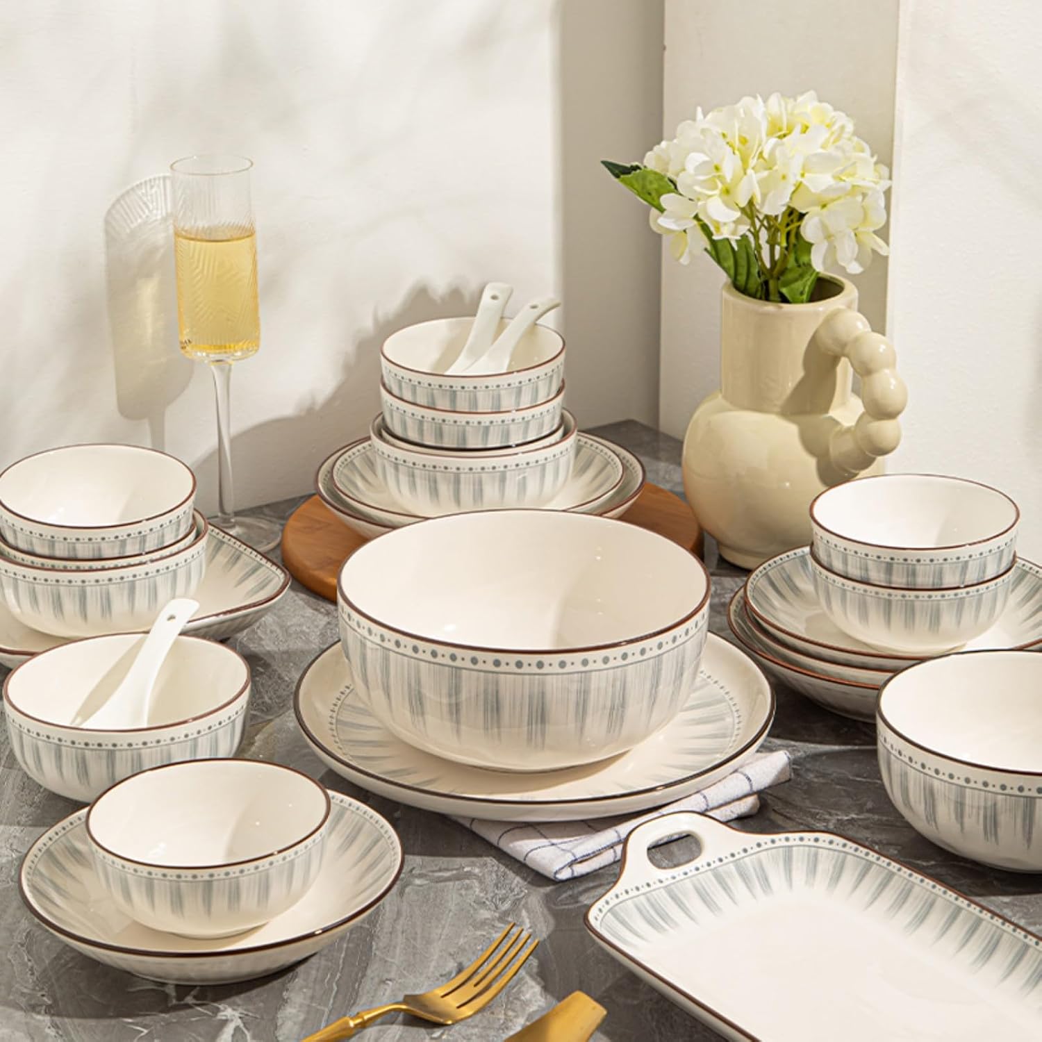 24-Piece Dinnerware Set for 4, Porcelain Plates and Bowls Sets, Blue Linear Pattern Modern Tableware, Chip-Resistant Stackable Ceramic Dish Set, Microwave & Dishwasher Safe, Service for 4