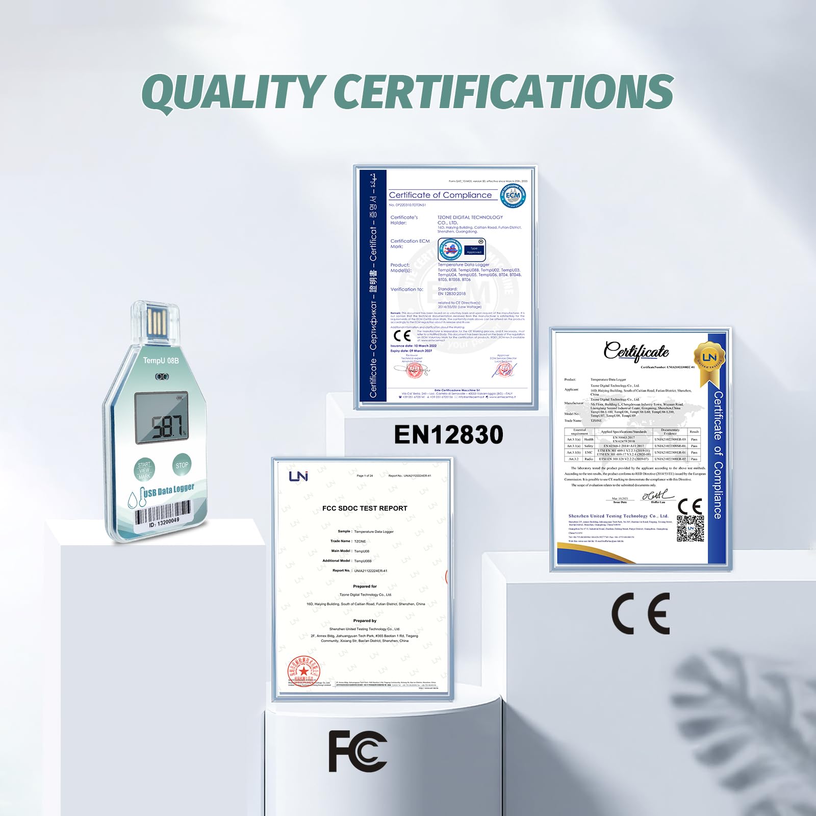 Tzone Registrador digital de datos de temperatura y humedad USB desechable, 5 paquetes con estándares de la FDA para refrigerador médico, congelador y grabación con informe PDF/CSV automático de 220