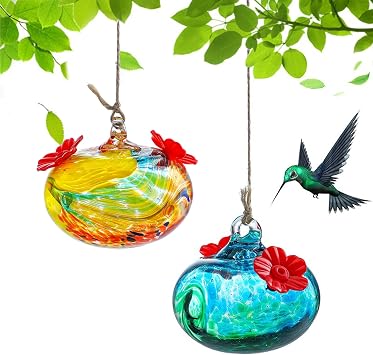 Pack 2 Blown Glass Hummingbird Feeders for Outdoors Window Hanging
