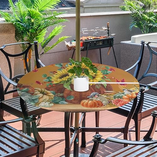 Miniatura 2 de Thanksgiving Pumpkin Maple Round Outdoor Tablecloth with Umbrella Hole and Zipper,Fall Autumn Sunflower Fitted Tablecloth Elastic Edge Patio Table