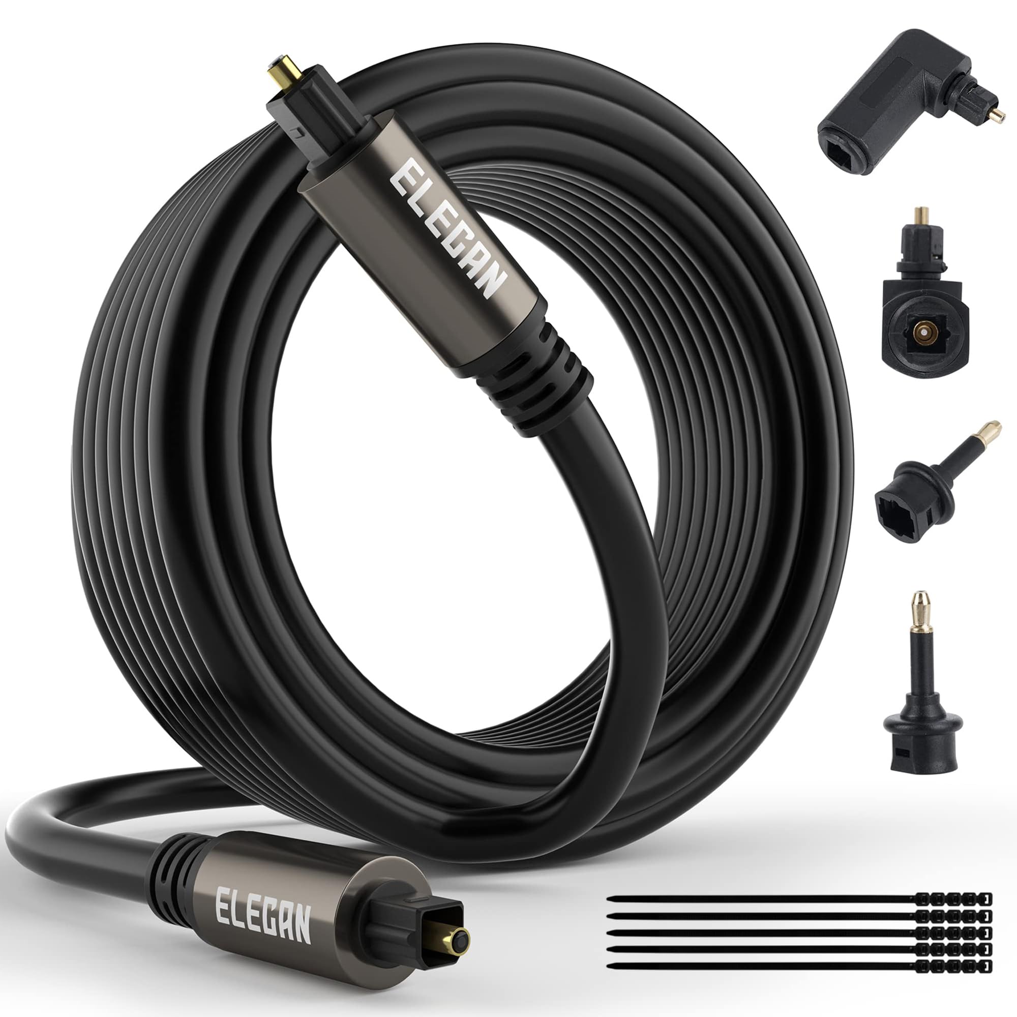Elecan Câble audio optique Toslink en fibre optique plaqué or flexible et durable pour home cinéma, barre de son, PS4 et Xbox, avec 4 adaptateurs Toslink à angle droit et mini Toslink + attaches 22,6