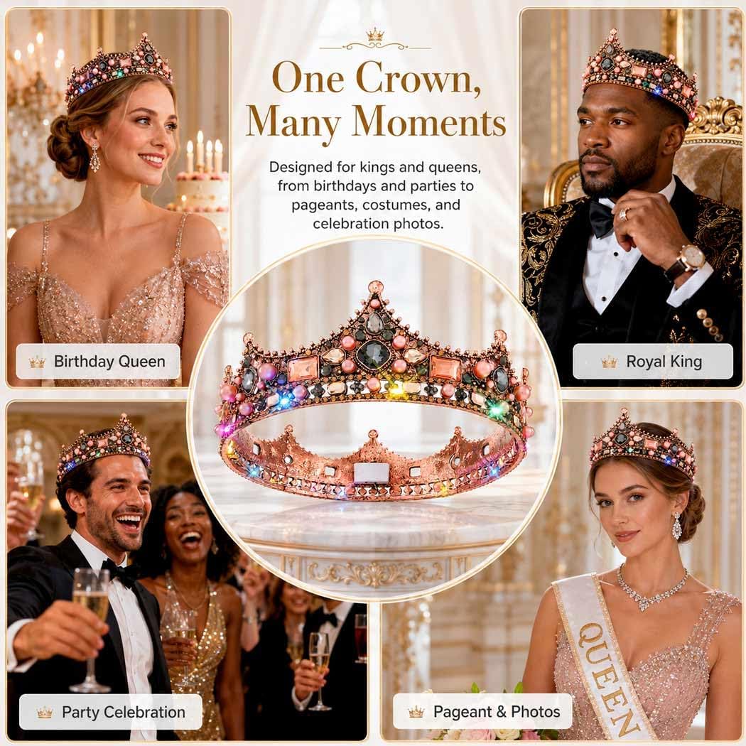 Brishow Light Up Baroque Crowns and Tiaras, Gold Jewels Gemstone Coronas, Costume Headwear for Women