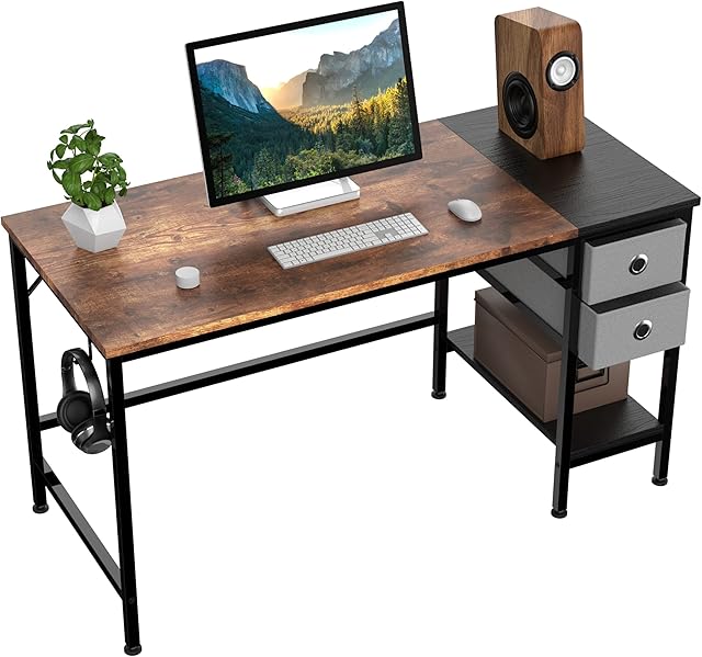 HOMIDEC Computer Desk, Office Work Desk for student and worker, Writing Desk with drawer and Headphone Hook, Laptop Table with shelves, Modern Style Desks for Bedroom, Home, Office(120x60x75cm)