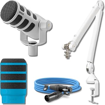 Rode PodMic USB Dynamic Broadcast Microphone White with Rode PSA1+ Professional Studio Boom Arm White, Rode Premium XLR Cable and Pop Filter 10 Blue