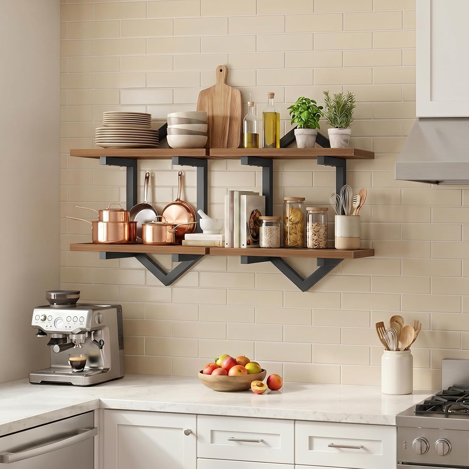 HOOBRO Floating Shelves for Wall, Set of 2 Wall Shelf, 15" Hanging Shelves | 2-Tier Wall Mounted Storage Shelves, for Living Room Bedroom Kitchen Office Study Bathroom Wall Decor, Walnut and Black