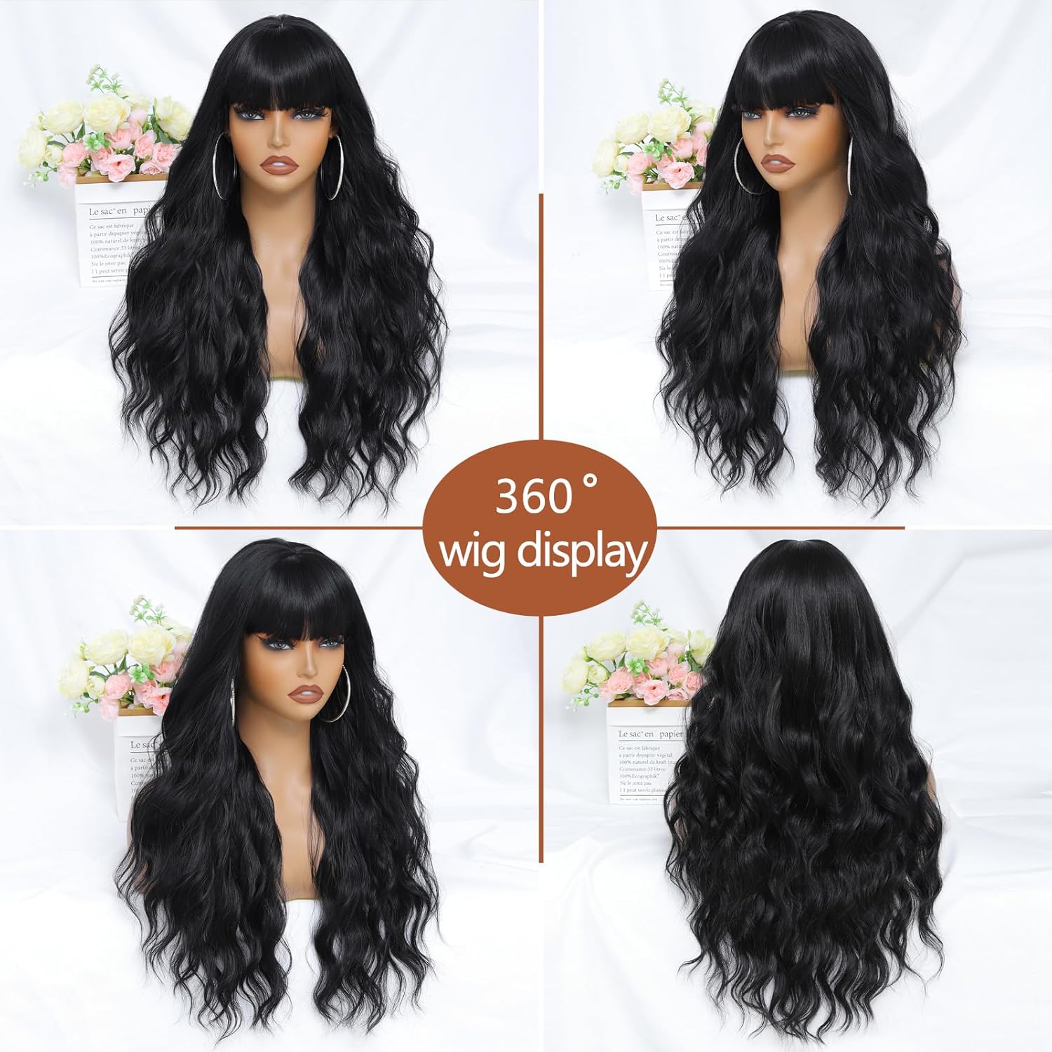 Black Wig with Bangs for Women 26 Inch Long Wavy Black Wigs Synthetic Heat Resistant Wig for Daily Party Use - Image 3