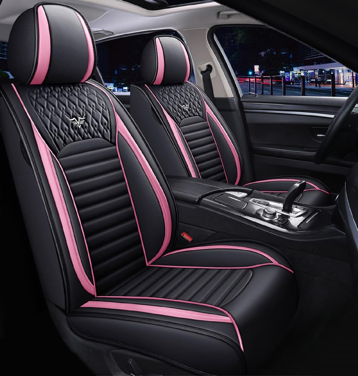 Saienno S02 Leather Car Seat Covers 5 Seats Front & Rear Seat Protector Full Set Universal Fit，Airbag Compatible (Black&Pink)