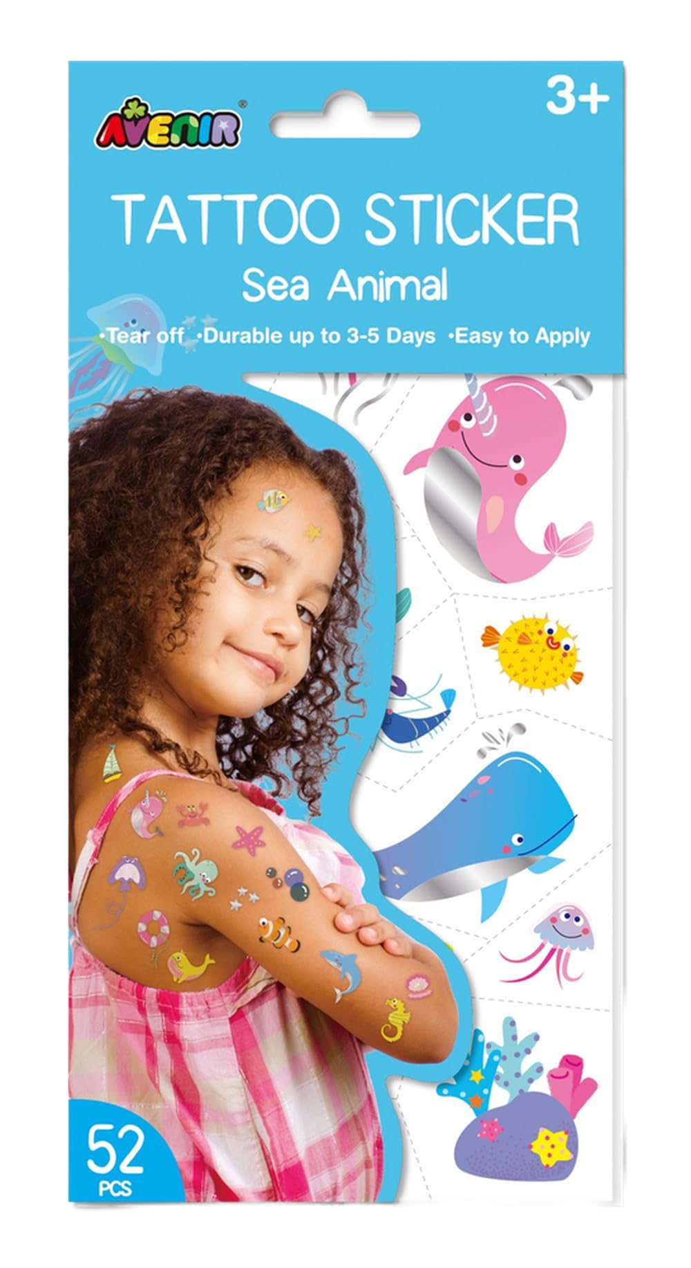 Avenir Tattoo Sticker - Sea Animal | 52pc Set of Temporary Tattoos - Water-Based Ink - Safe and Easy to Apply and Remove - Lasts 3-5 Days for Kids 3+
