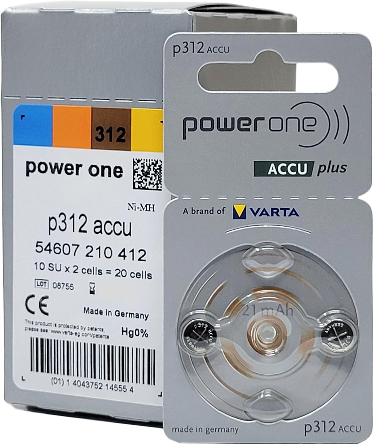 Power One ACCU Plus Size 312 Hearing Aid Battery (20 Pack = 10 Cards of 2 Batteries)