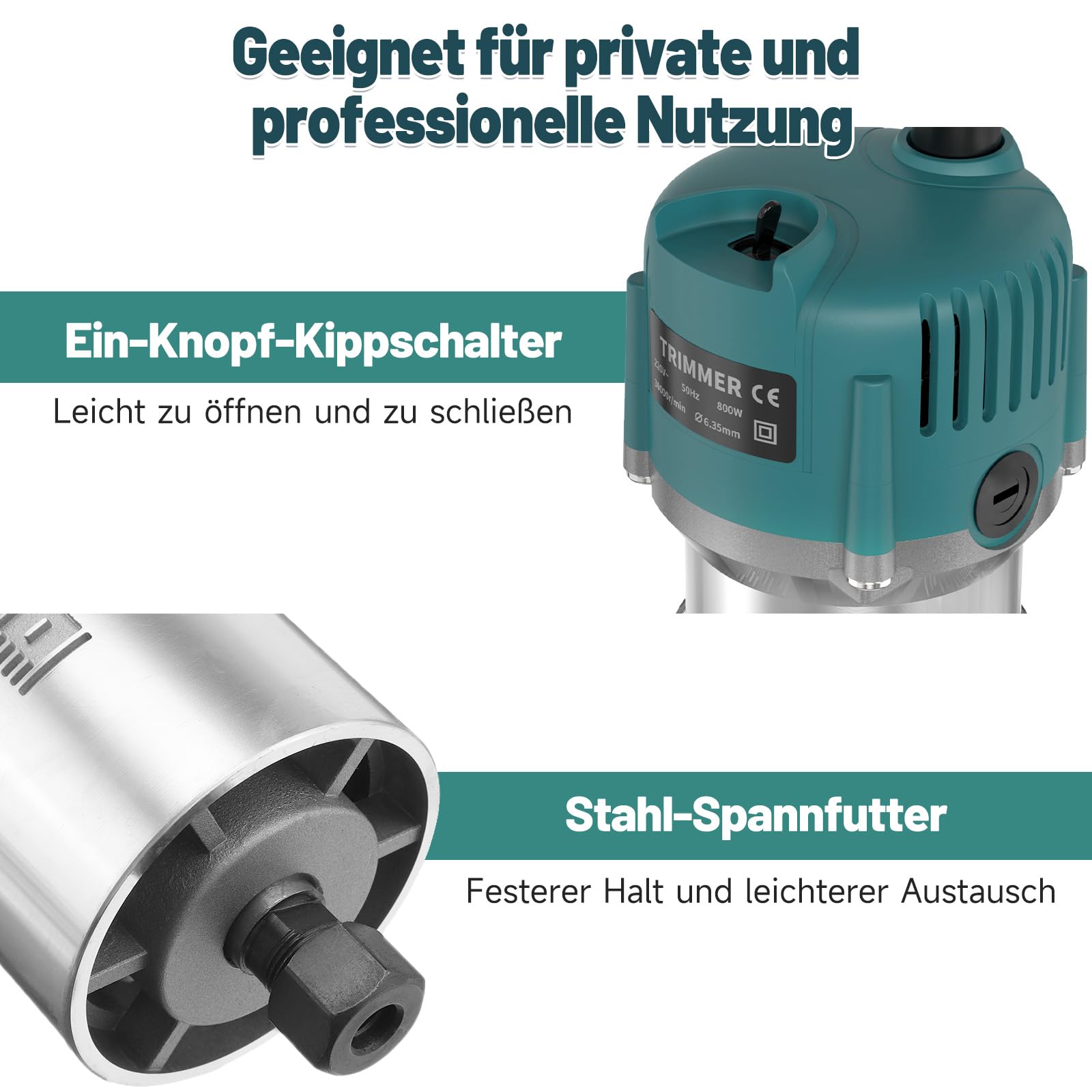 Yofuly 800W Oberfräse Holzfräse, 220V Einhandfräse Oberfräsen Trimmer 30000r/min 6.35mm Spannzangen mit 15 Pcs 1/4" Fräser Set, kantenfräse mit Tragetasche