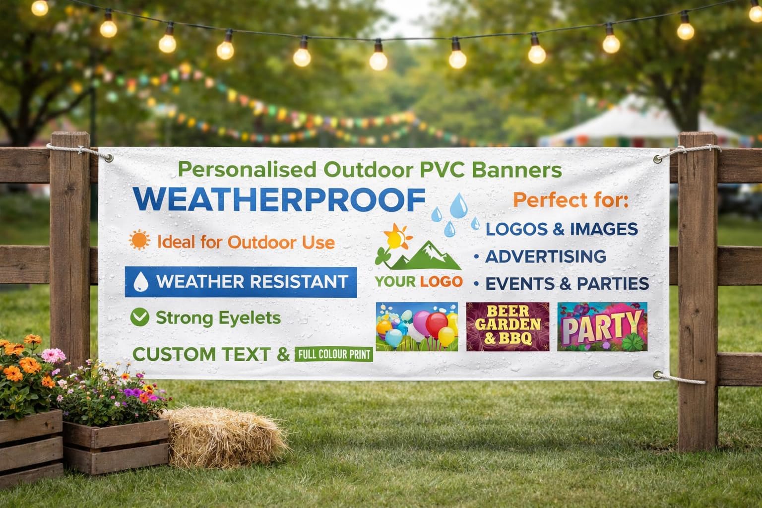 Personalised PVC Banner Custom Printed Indoor Outdoor Weatherproof Vinyl Sign with Photo Logo Text - Straight Cut, Eyelets or Hemmed with Eyelets - Business, Pub, Party, Wedding, Event