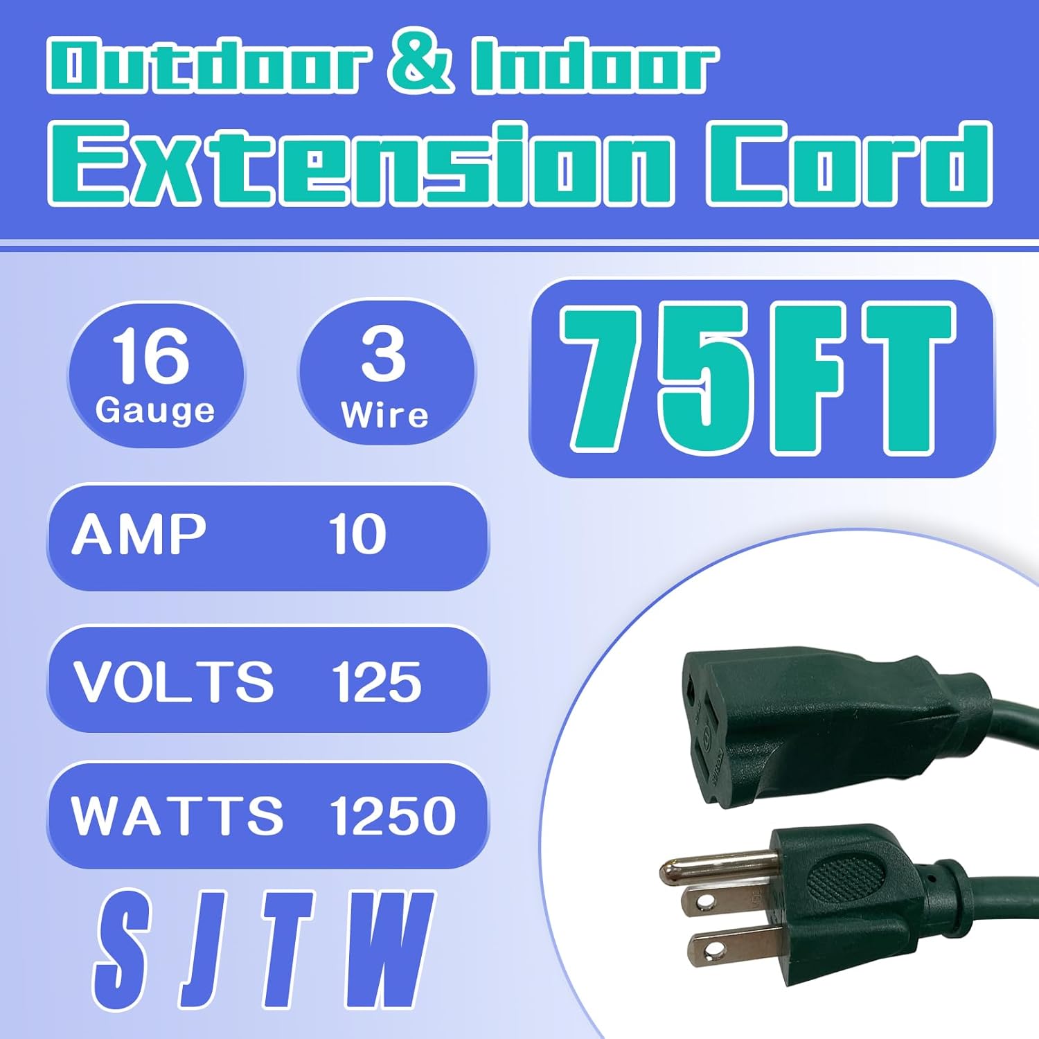 Indoor Outdoor Extension Cord 75 FT, 16/3 SJTW Weatherproof Green Electrical Cords, 10 AMP Heavy Duty 3 Prong Power Cable Great for Garden, Landscaping & Holiday Decorations