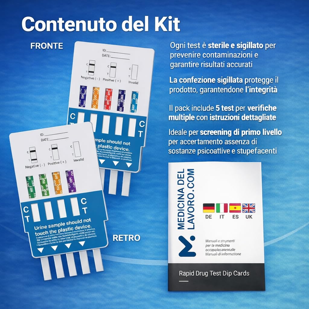 Medicinadellavoro.com - 5 Test Antidroga Urine 9 in 1, Drug Test per Rilevamento Cocaina, Cannabis, Oppiacei, Metadone, Ecstasy, Anfetamine, Metanfetamine, Crack, Eroina, Benzodiazepine e Buprenorfina