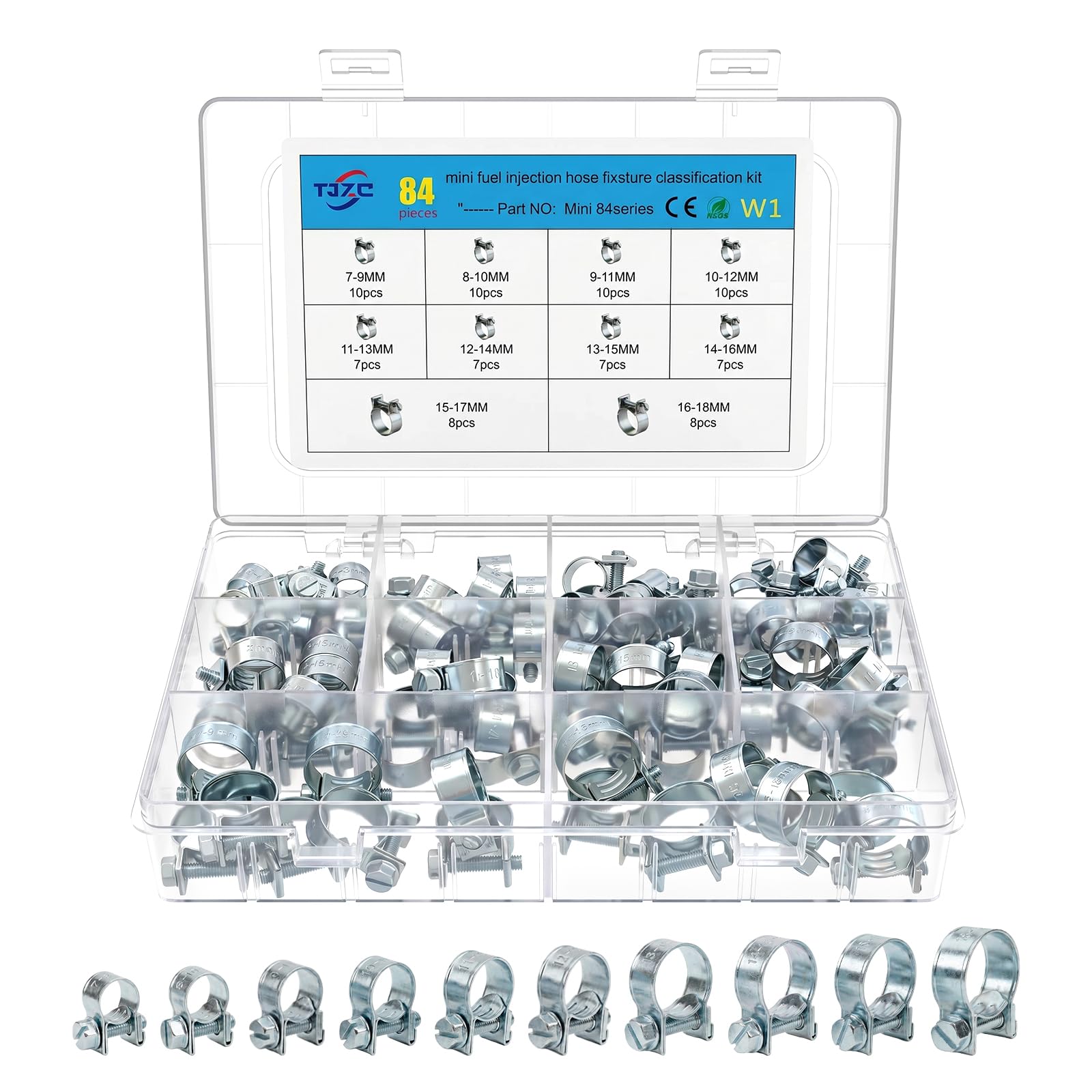 Fuel Injection Line Style Hose Clamp 84 Pack, Pipe Clamp Assortment Kit, 10 Sizes Mini Fuel Line Clamps for Automotive Diesel Petrol Pipe