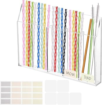Acrylic Straw Holder, Tumbler Straw Organizer for Cupboard Reusable for Kitchen Counter Transparent Acrylic Straws Dispenser with Double Sided Adhesive Tape and Stickers