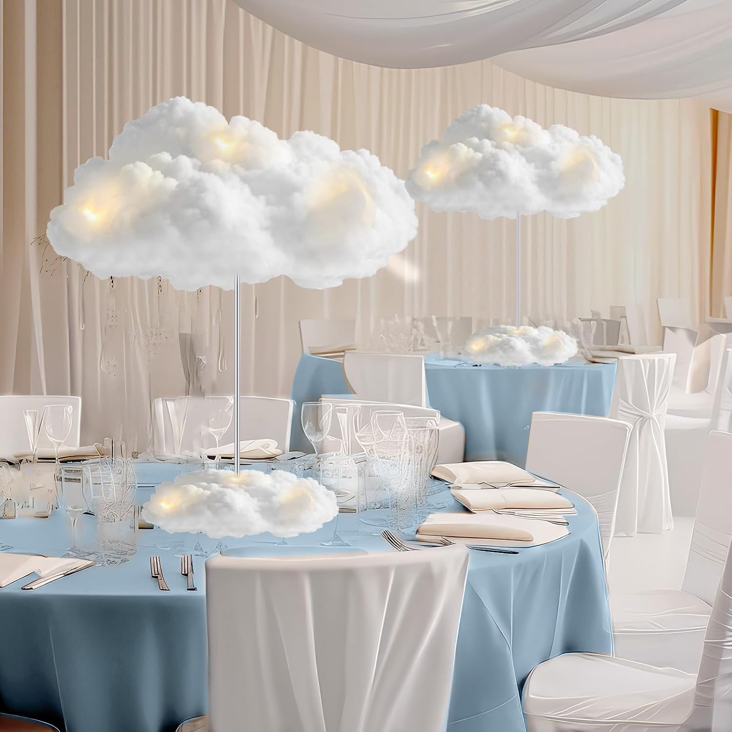 3 Set Artificial 3D Cloud LED Light Decor Baby Shower Table Centerpiece Hanging Cloud Birthday Party Decor DIY Kit for Ceiling Room Wall Fake Fluffy Cotton Clouds Prop for Nursery Wedding Bridal