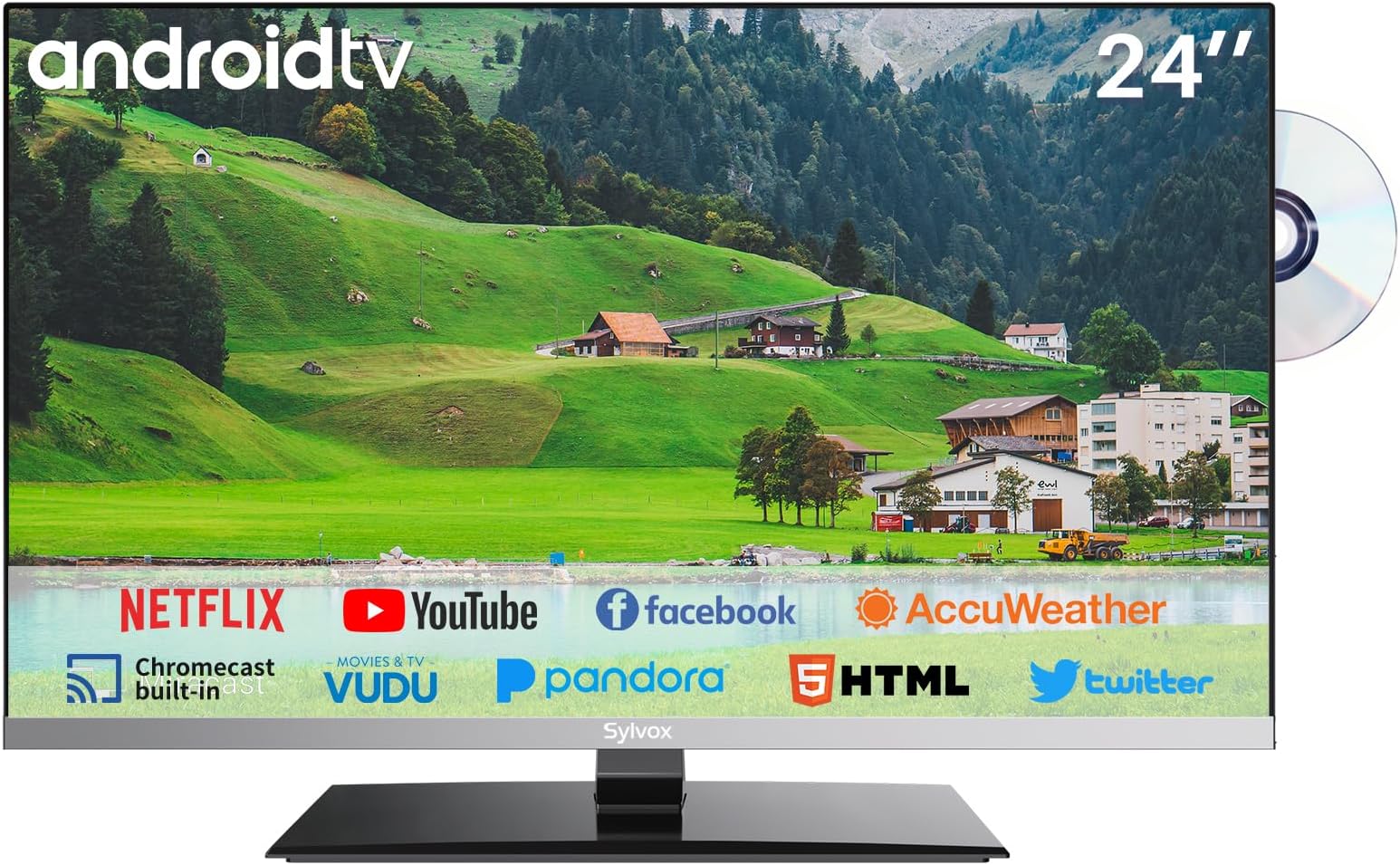 24 inch Smart TV with DVD Player Built in and Satellite Decoder, Google Play, Frameless RV TV 1080P FHD, Support WiFi Bluetooth, HDMI USB, Android 12V TV for Campervans, Motorhomes, Caravans