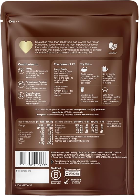 Naturya Cacao Powder, Single Origin Fairtrade 250g