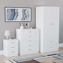 Vida Designs Riano 3 Piece Bedroom Set - 3 Drawer Bedside Chest, 5 Drawer Chest, 2 Door 2 Drawer Wardrobe - White