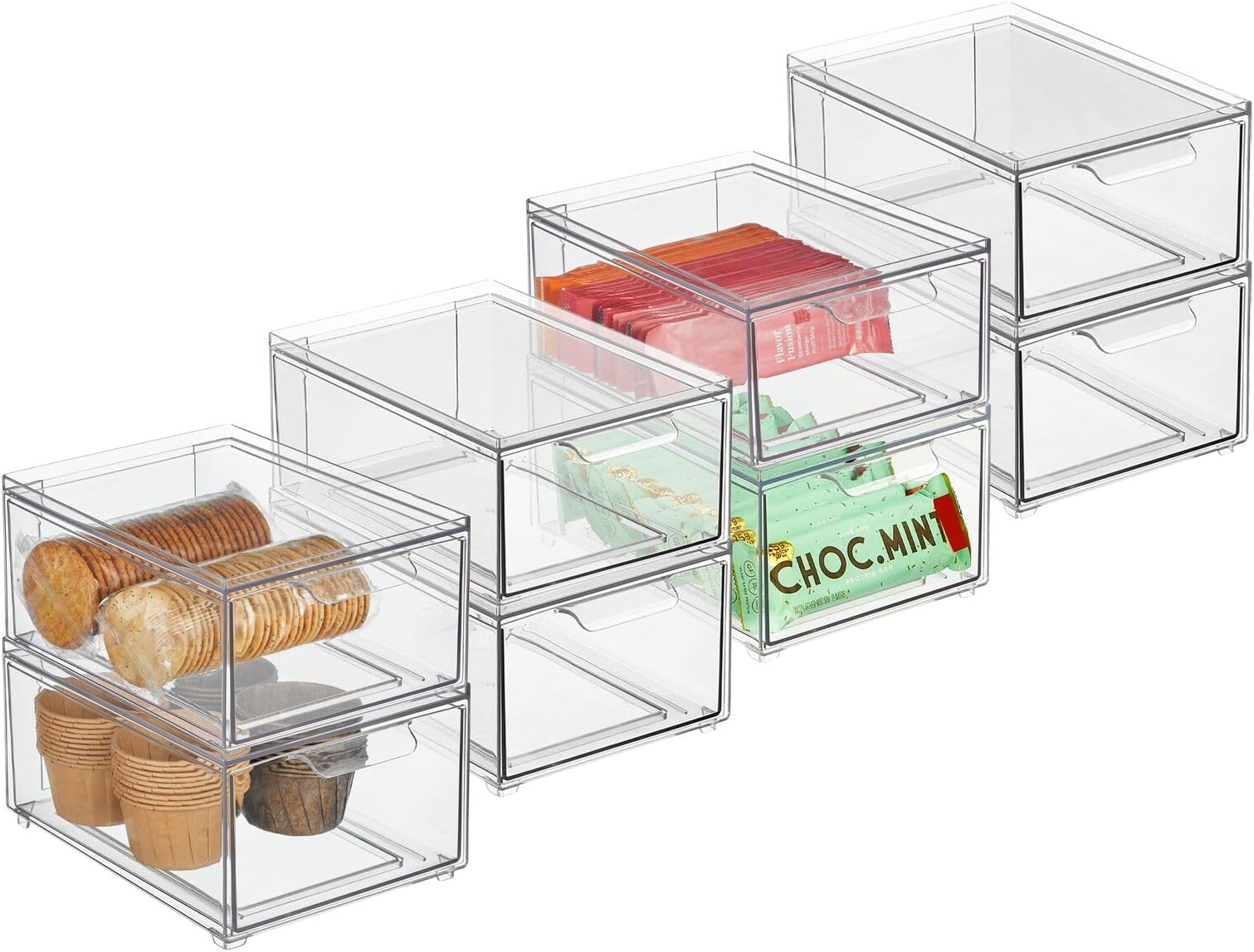 mDesign Stackable Storage Containers Box with Pull-Out Drawer - Stacking Plastic Drawers Bins for Kitchen Pantry and Cupboard, Cabinet, Counter, Island and Tables - Lumiere Collection - 8 Pack - Clear