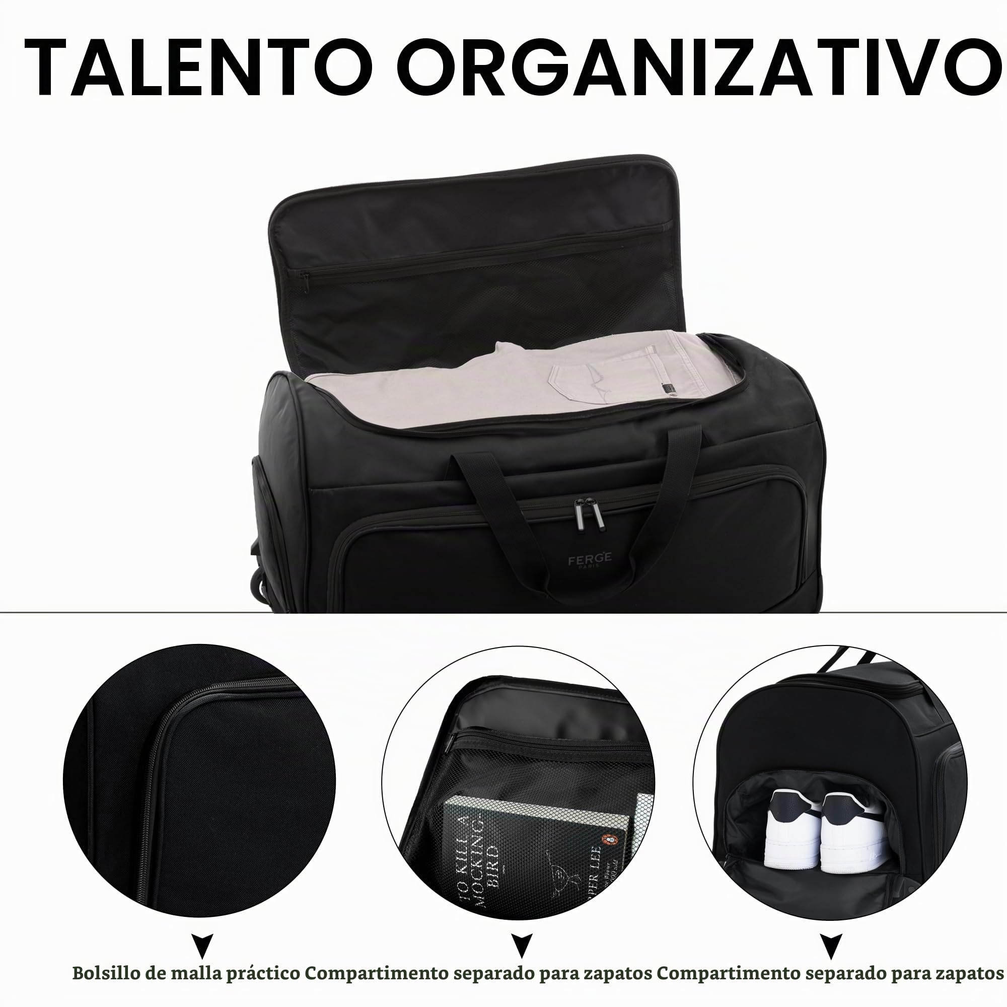 FERGÉ Bolsa de Viaje con Ruedas Paris | Compartimento Separado para Zapatos Maleta Blanda Trolley Bolsa de Viaje Weekender Paris 90 litros, Negro
