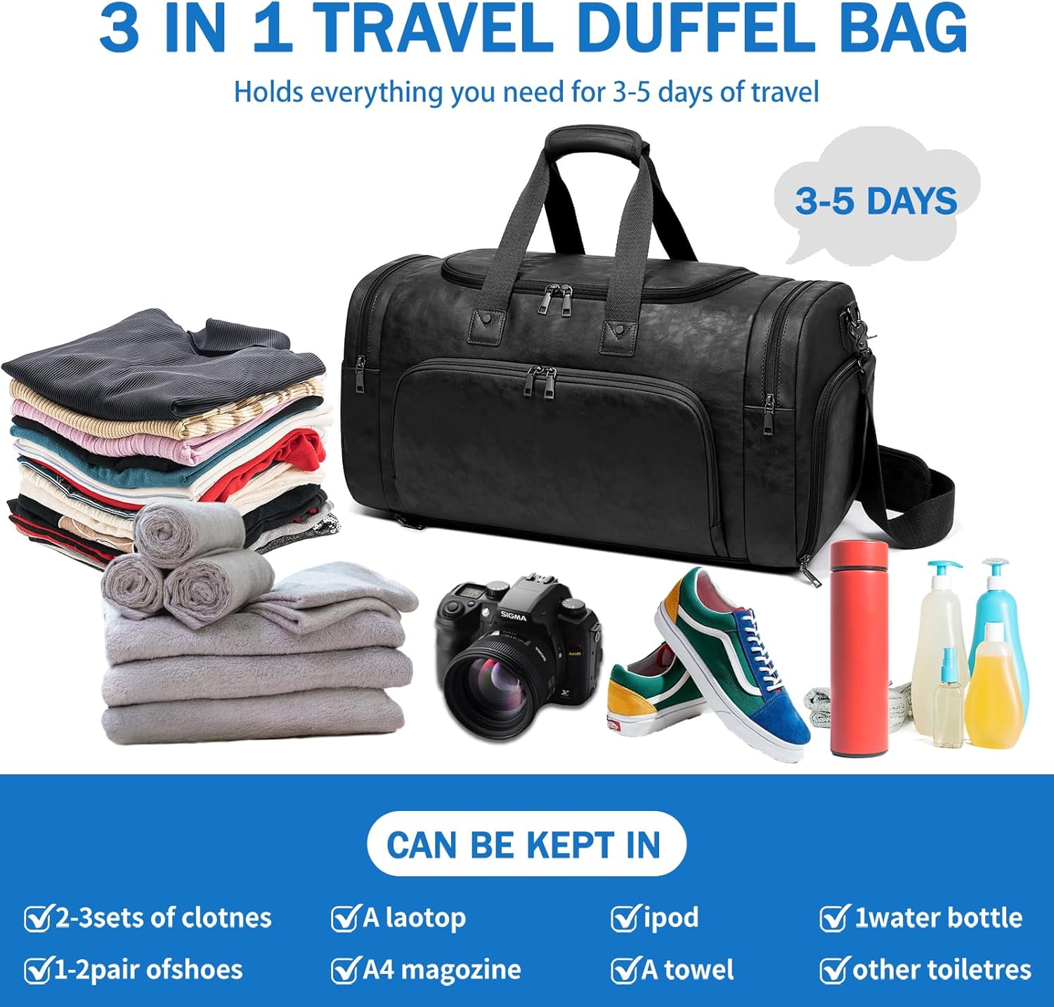 Leather Travel Duffle Bags for Men Women, Weekender Overnight Bag with Shoe Compartment Waterproof Carry on Duffle Bags for Airplanes Gym Sport Business Bag