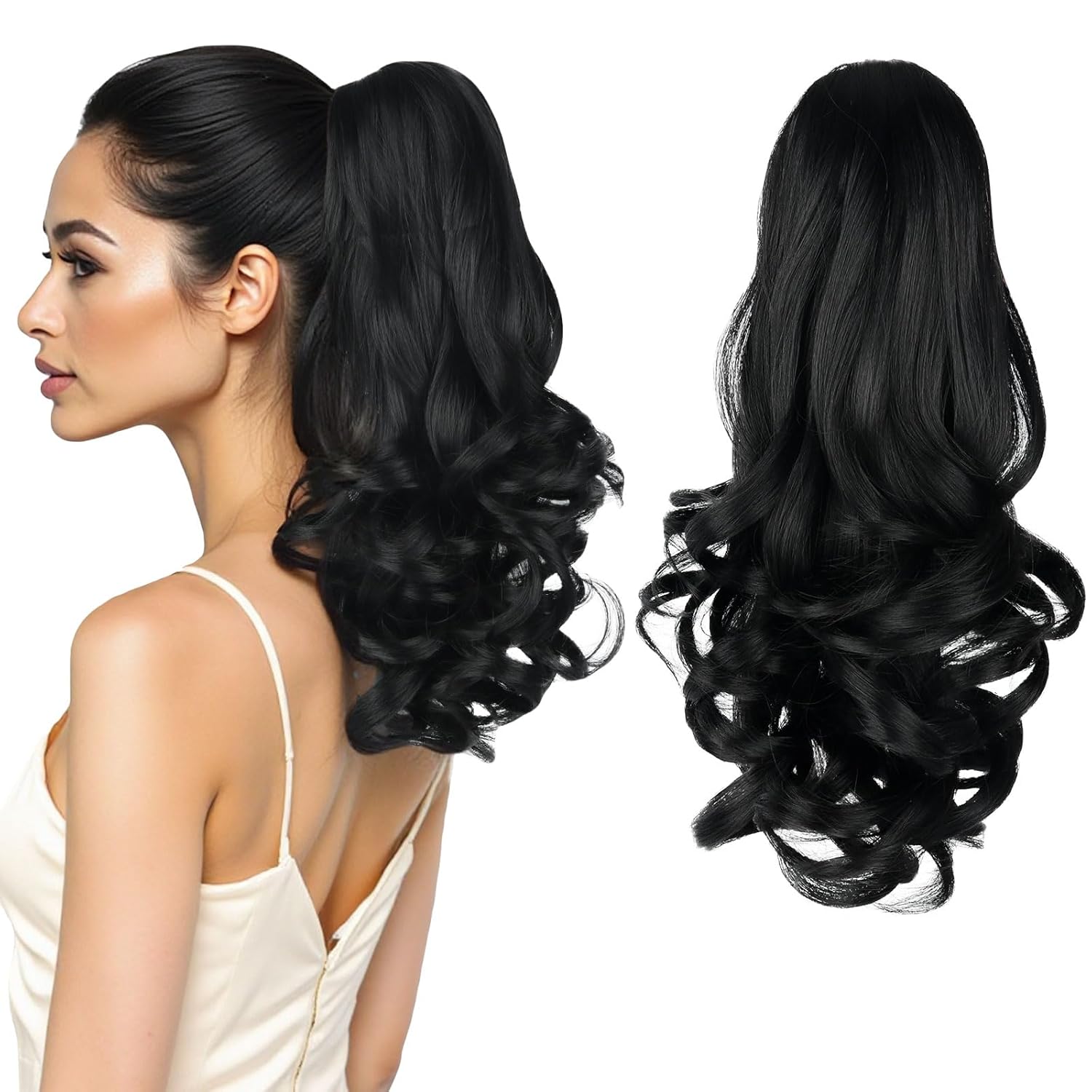 Ponytail Extension, Clip on Ponytails for Women, 14" Claw Clip in Short Curly Wavy Pony Hair Extension for Women - Black