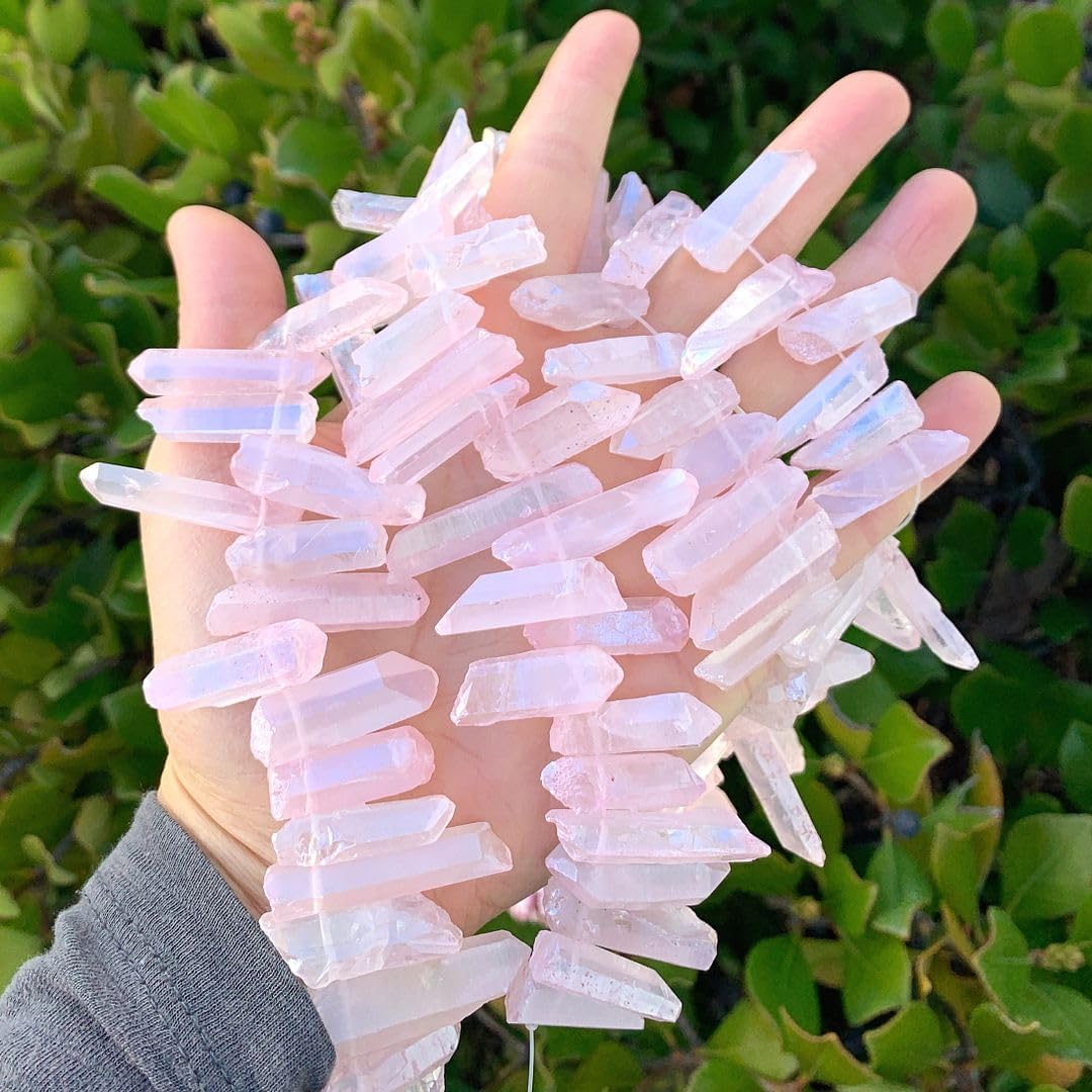 Adabele 30 Inch Natural Raw Healing Crystal Quartz Gemstone Loose Beads Medium Drilled Point Rose Pink AB Titanium Coated Chakra Gem Stone Drop Stick GA-D8