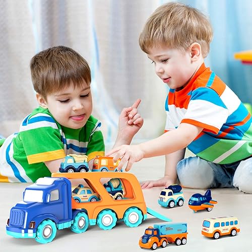 Miniatura 6 de Paquete de 9 autos de juguete para niños y niñas de 2, 3, 4, 5 años, camión de transporte grande con 8 pequeños camiones de tracción y lindos, juego