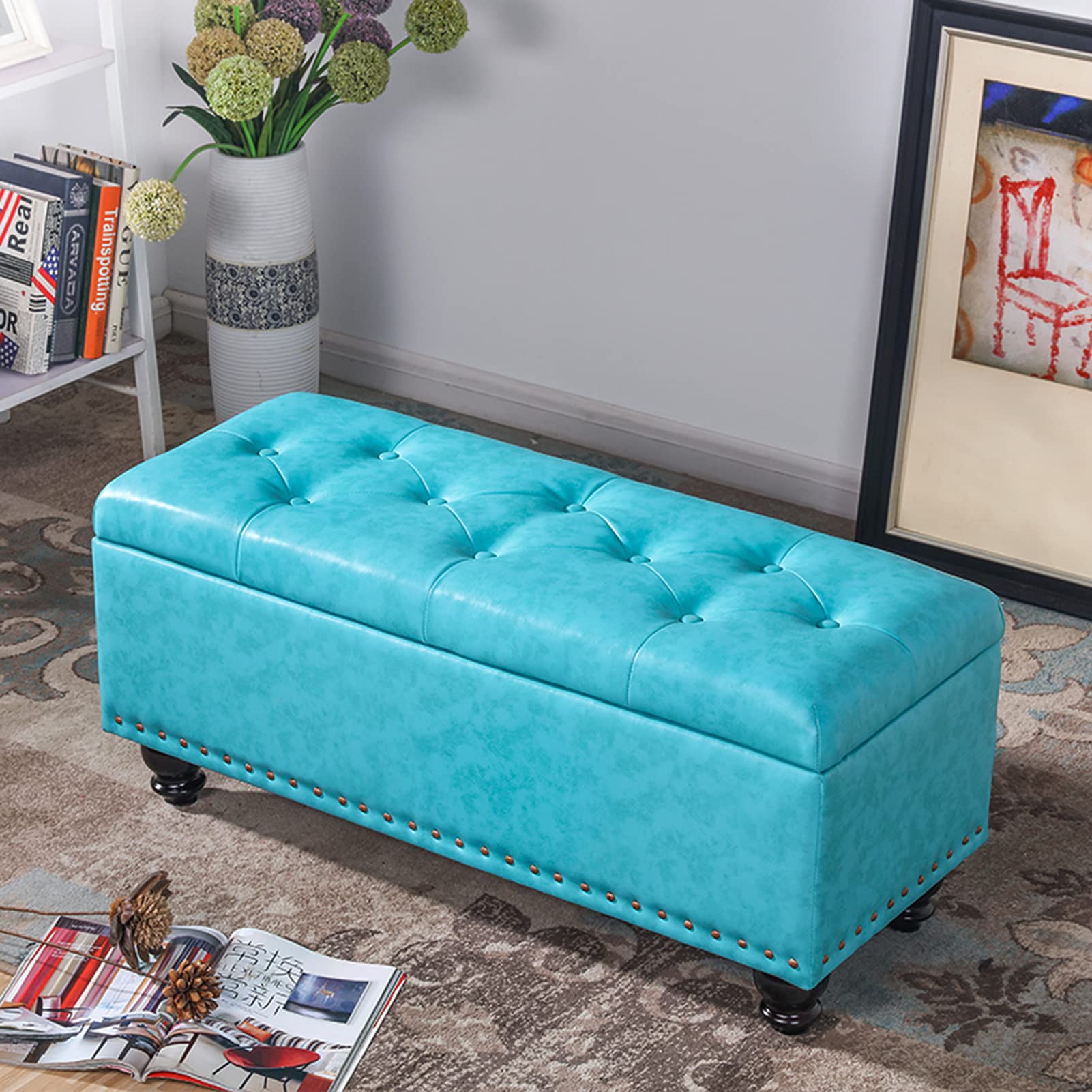 Tabouret de rangement bleu en cuir capitonné de style moderne rectangulaire pour salon et entrée