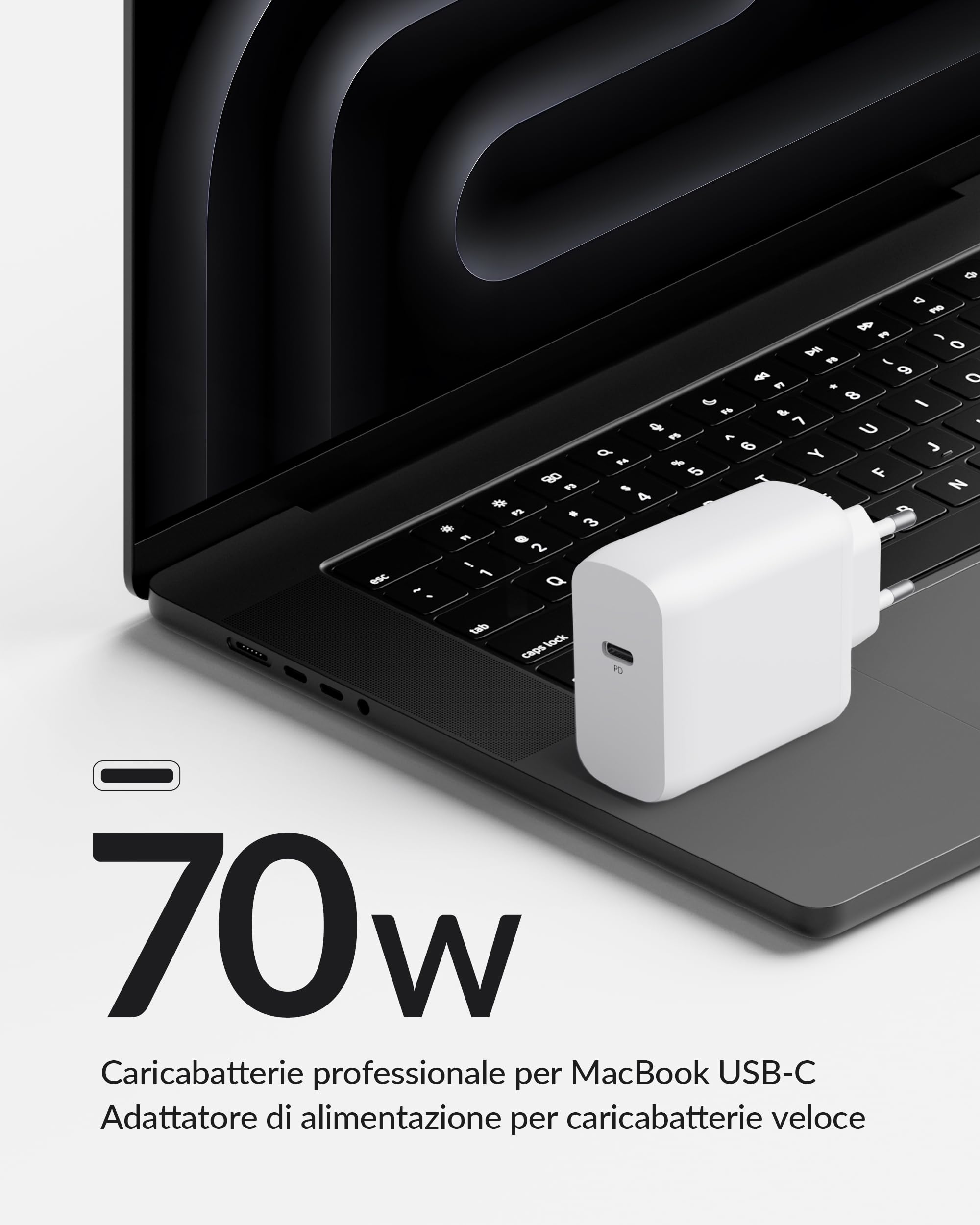 Caricabatterie 70W Per MacBook Air/Pro M4/M3/M2 – Cavo USB-C A T-Tip Intrecciato Da 2m Con LED Di Ricarica