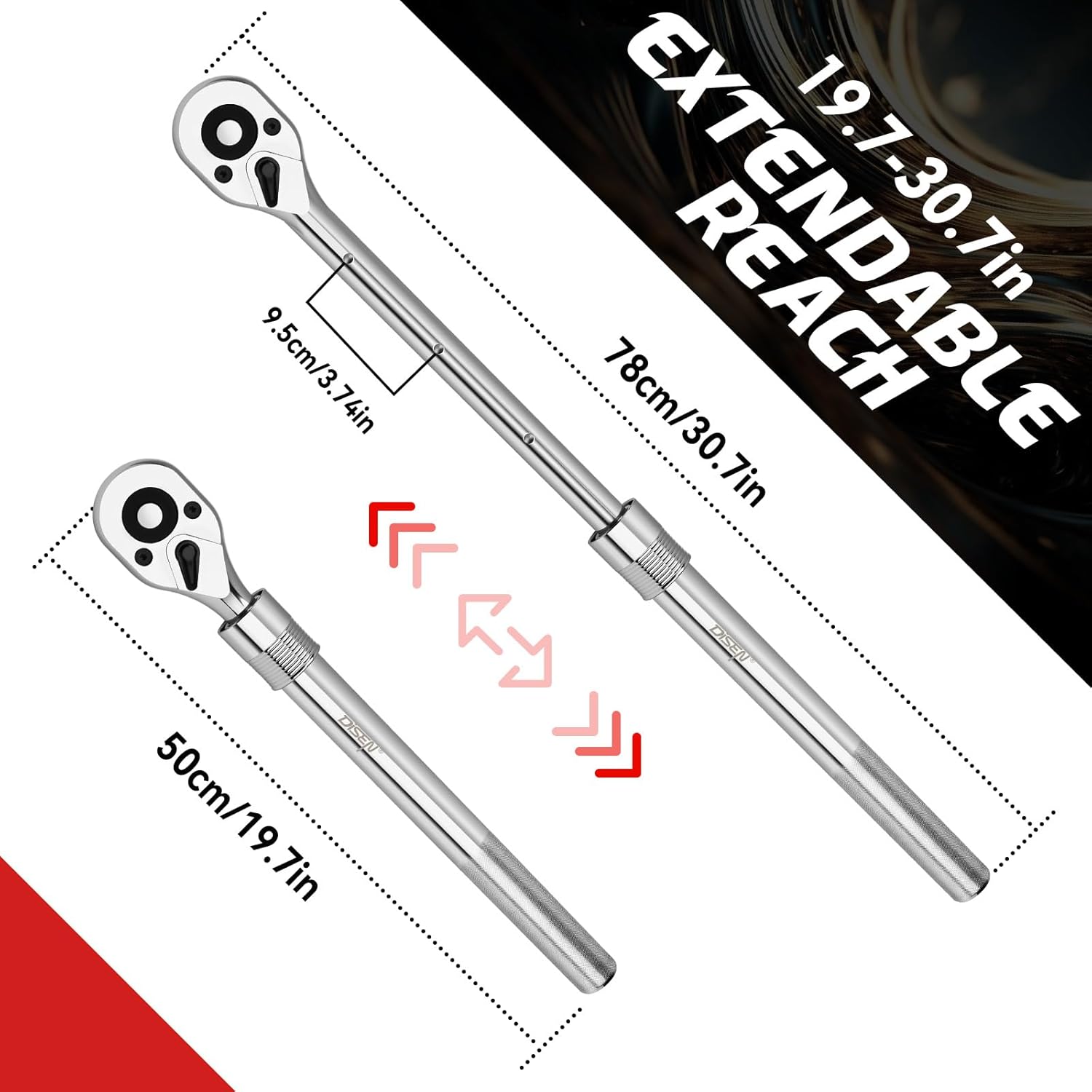 DISEN 3/4'' Extendable Drive Ratchet,24-Tooth Gear with 15° Sweep,Quick-Release Reversible Ratcheting with Reinforced Steel