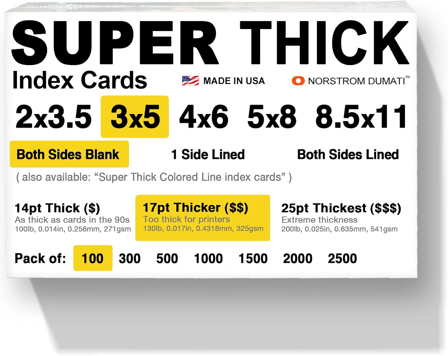 100 超厚 3 x 5、17pt、空白、厚手のインデックスカード、メモカード、ポストカード、フラッシュカード。