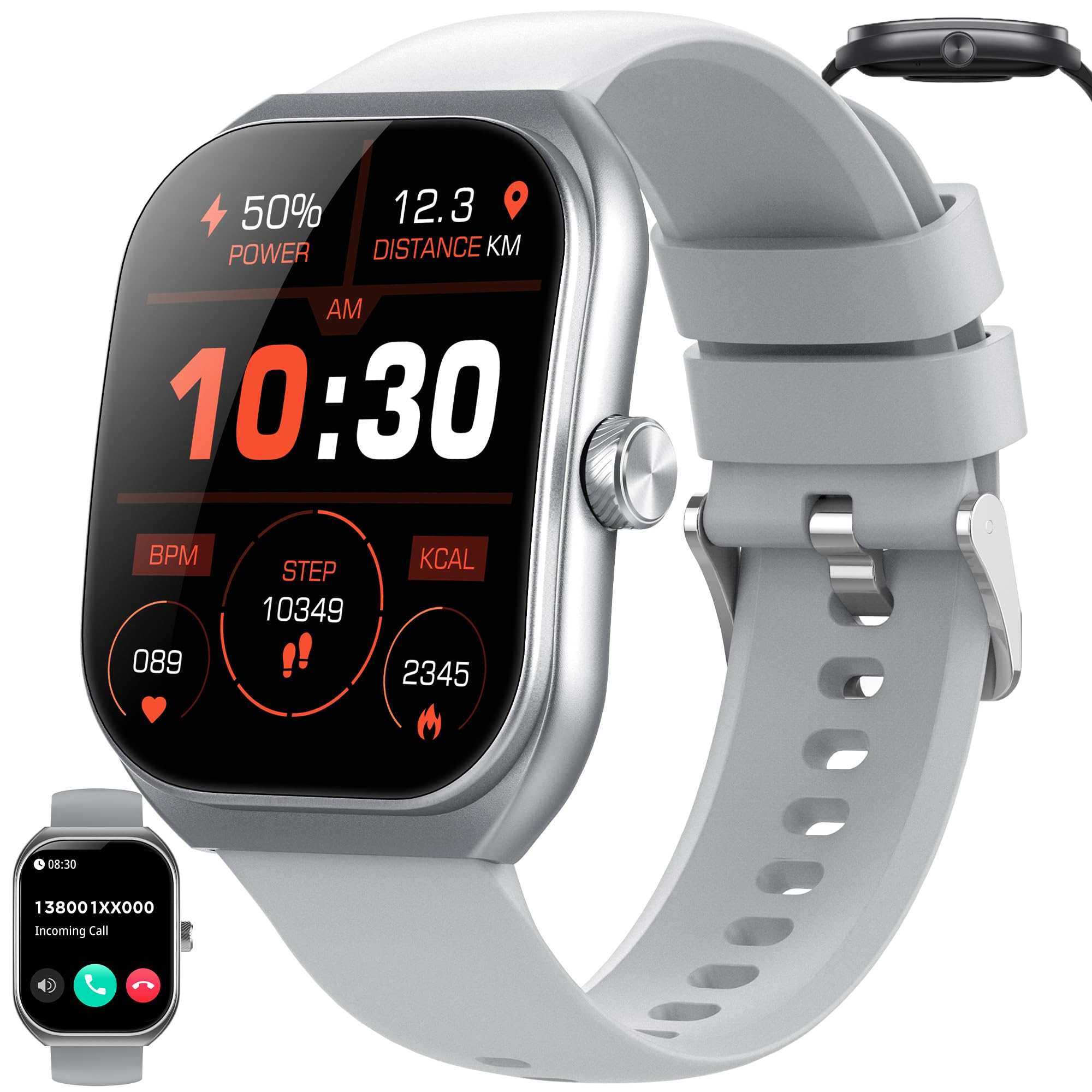 Męski smartwatch z funkcją telefonu, 2,01" HD zegarek sportowy z Bluetooth, pulsometrem, monitorem snu, krokomierzem, do fitnessu (srebrny)