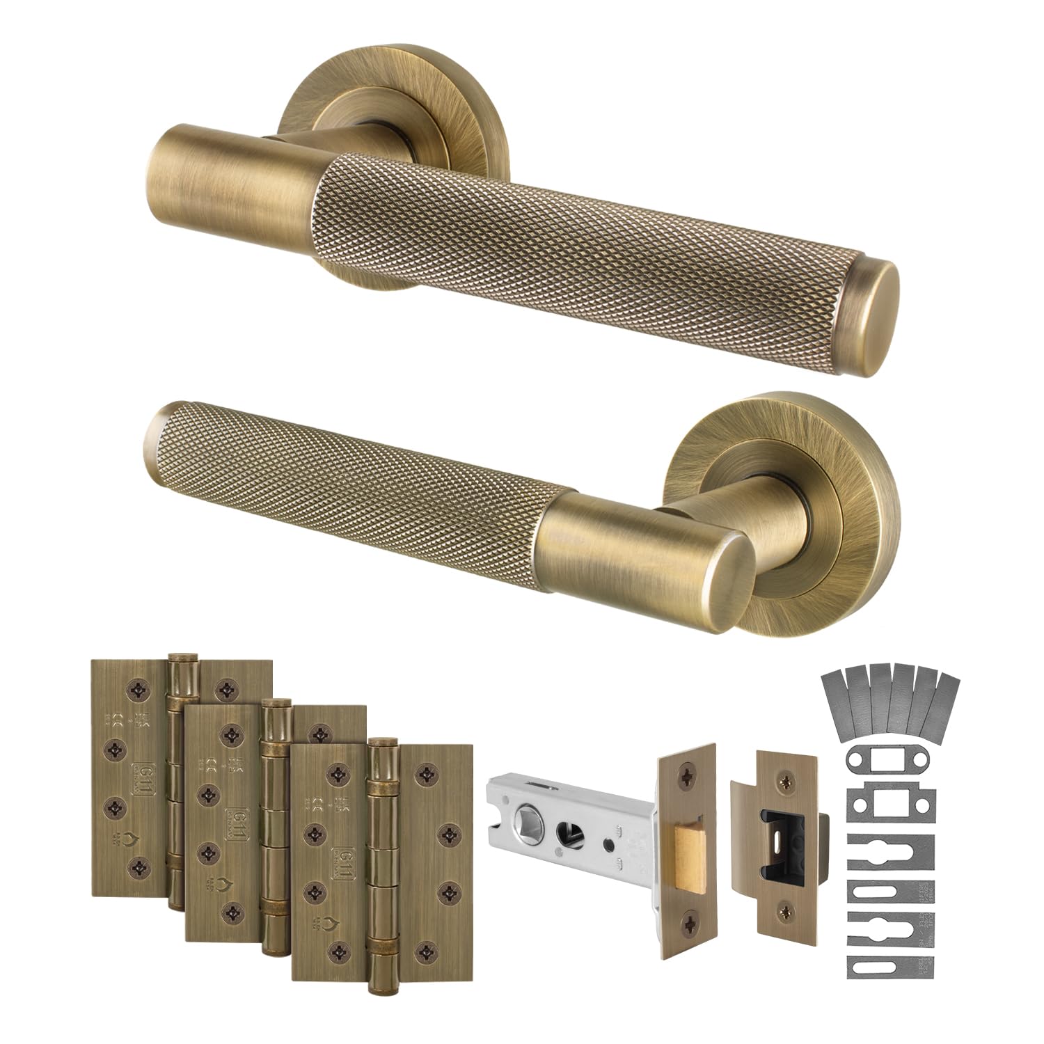 Eai Antique Brass Fire Door Handle Latch Set, Internal Fire Rated Door Handle With 76Mm Latch And 102Mm Hinges, Varri Range 1 Pack