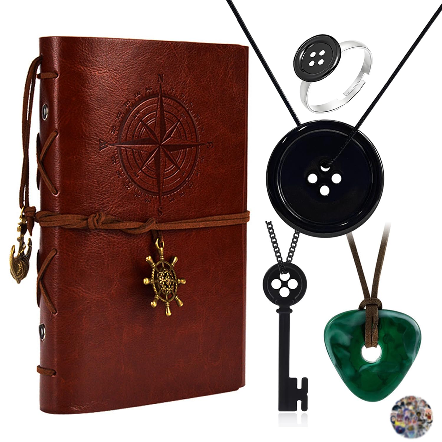 Coraline - Juego de joyas con diseño de ojo de botón, gafas y collar de piedra clave, anillo de anime, cuaderno de escritura de cuero con calcomanías, 15 piezas, Metal