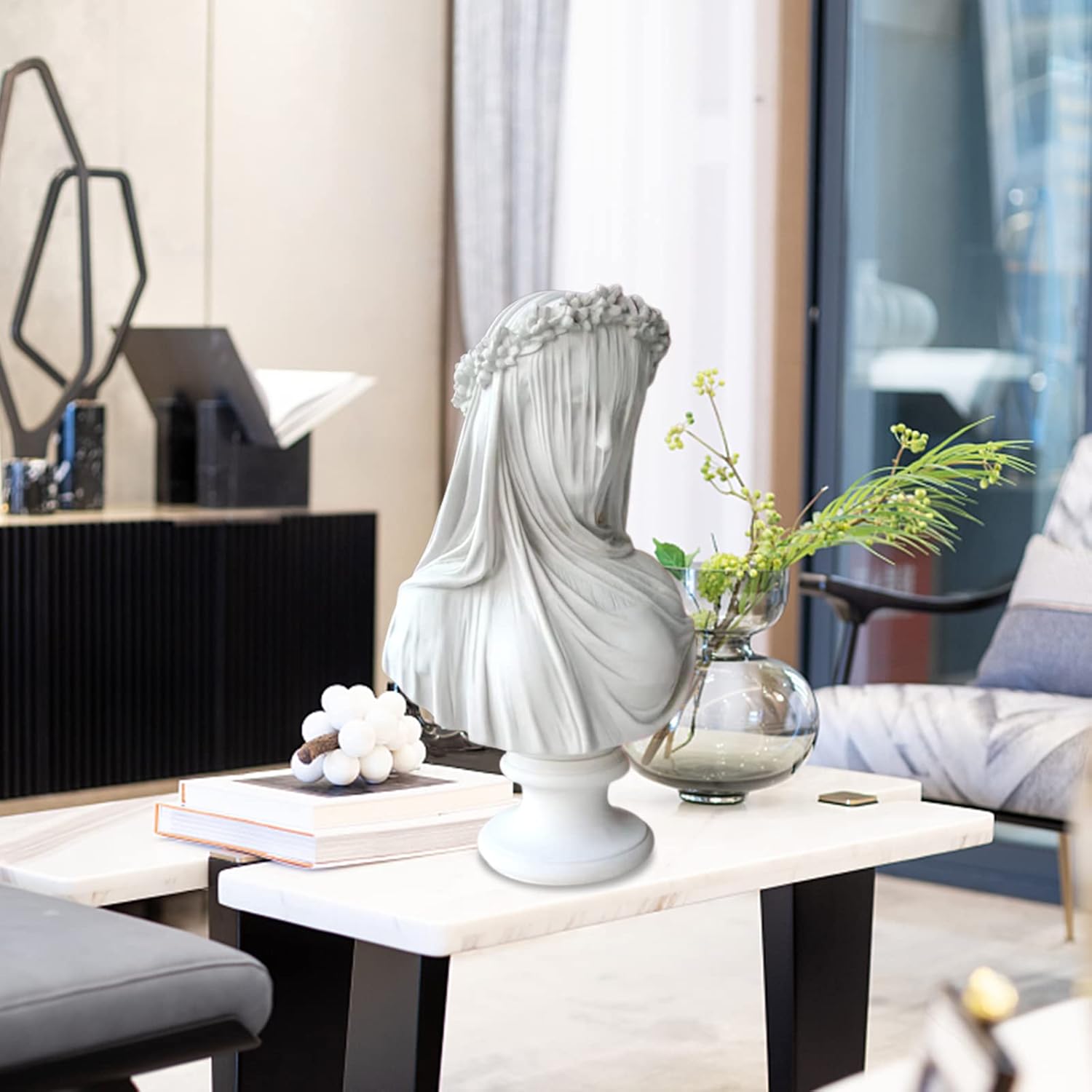 Veiled Lady Bust, 9.8" Maiden Bust Gothic Statue Handmade Sculpture Veiled Lady Cloaked Woman Home Decor Living Room Art Collection Decorative Objects