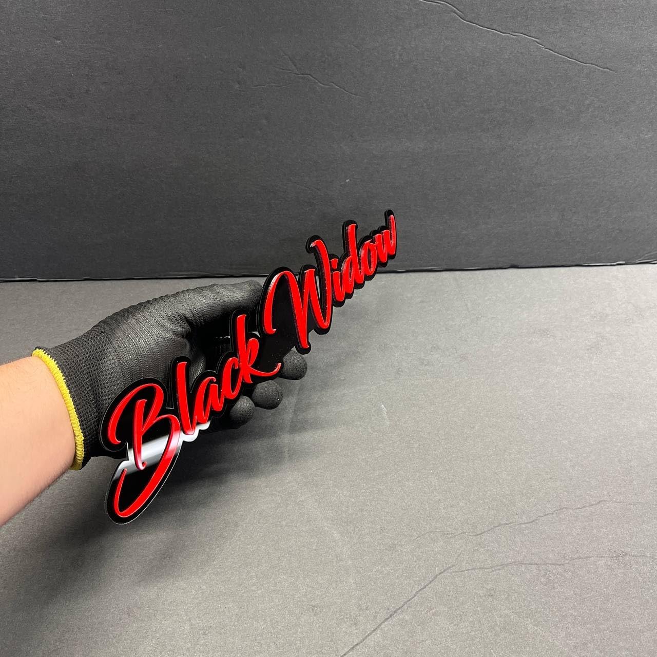 Black Widow Script 3D Emblem – Custom Acrylic Nameplate Badge with Adhesive Backing, Gloss Red & Black Layered Sign for Cars, Toolboxes, Garage, Wall Décor, Universal Mount (12 inch Long)