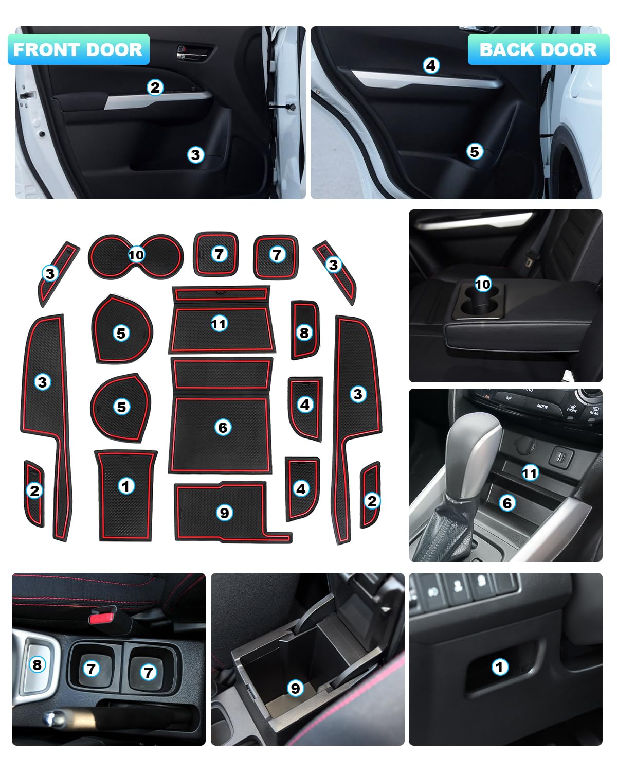 CDEFG Compatibile con Suzuki Vitara LY Hybrid 2016-2023 2024, Tappetino Antiscivolo Antipolvere Antigraffio Tappetini in Gomma Portabicchieri per Interni Auto Vitara LY Accessori (Rosso Manuale)
