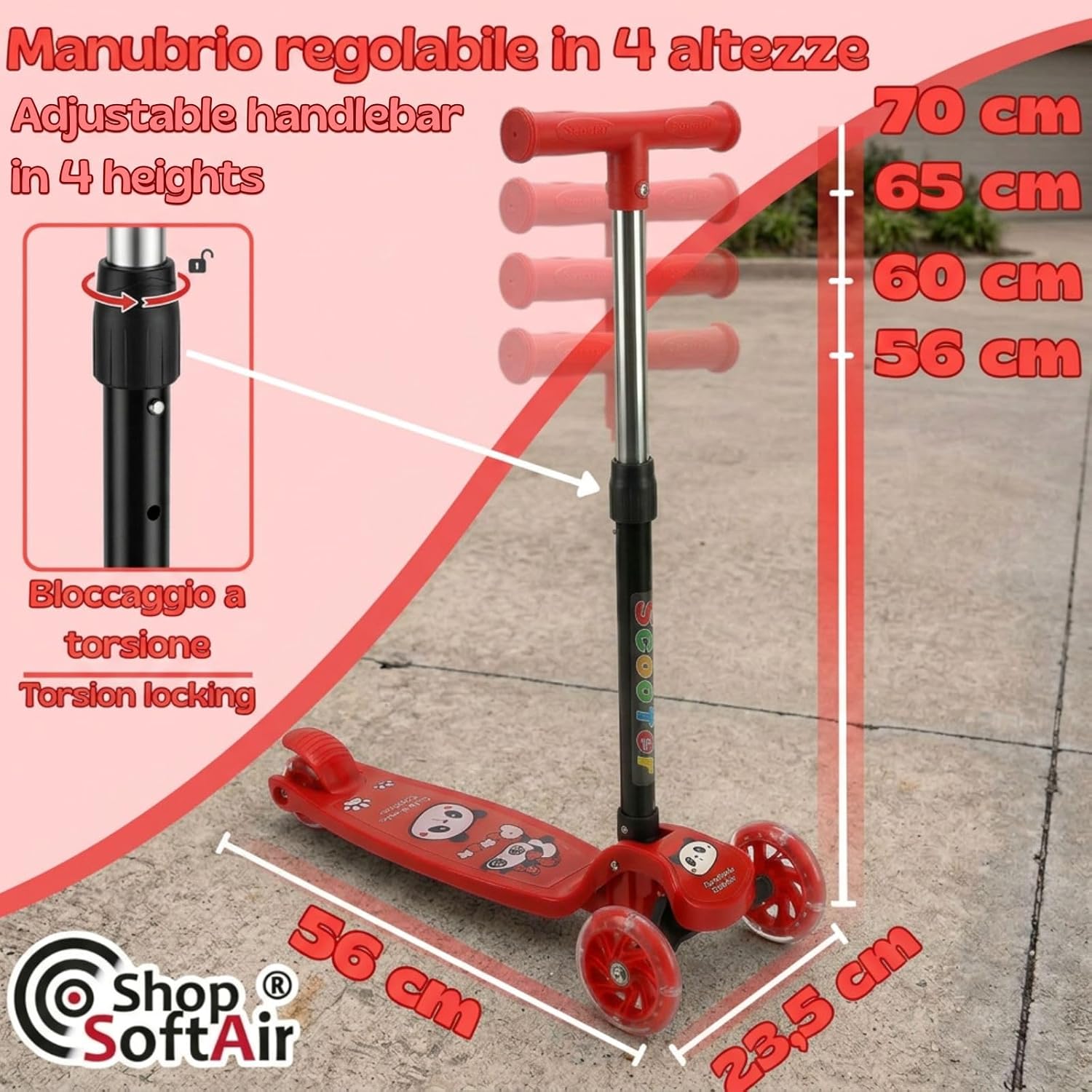 3 Wheel Scooter for Children 3+, Adjustable Handlebars in 4 Heights, LED Wheels, 4 Colours, Max 20 kg
