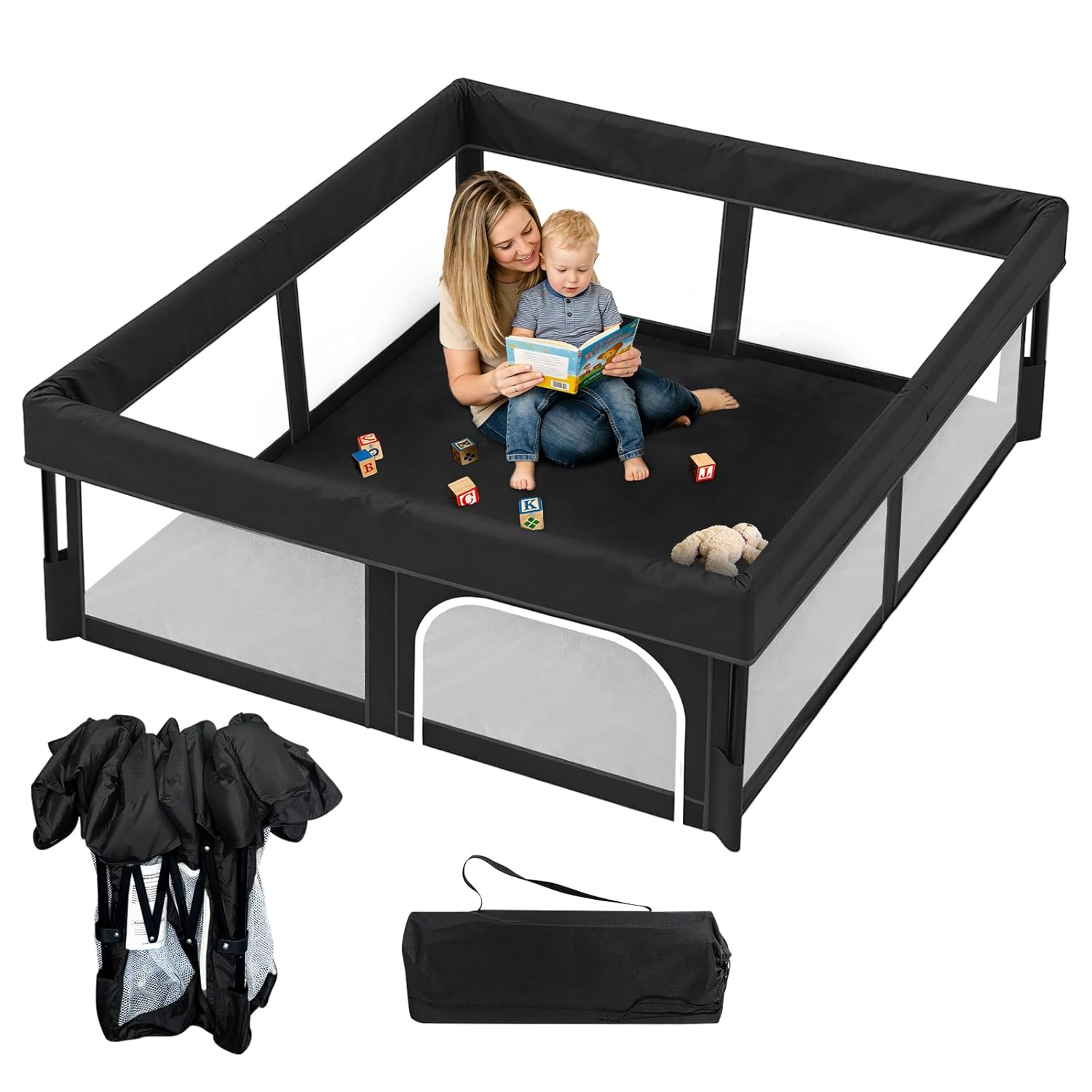 Foldable Baby Playpen, 63"×63" Play Yard for Toddlers, Portable & Collapsible Playpen with Gate, ASTM & CPSC Certified, Skin-Friendly & Breathable Mesh, Ideal for Indoor & Outdoor Use with Bag