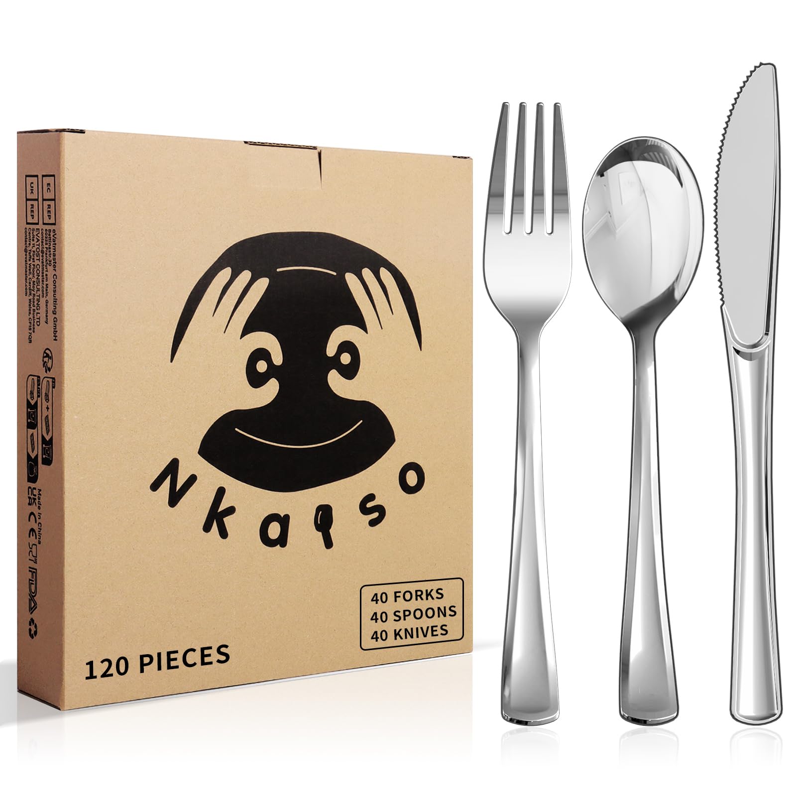 Nkaiso Tavolieri per feste 120 Pezzi Argento Posate Riutilizzabili, 40 Forchette, Coltelli, Cucchiaio, Adatto Per Feste, Campeggio, Compleanni e altre scene