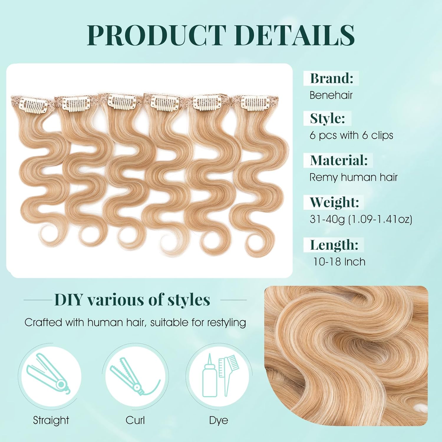 Benehair 6 PCS Clip in Short Hair Extensions 100% Real Human Hair Seamless & Invisible for Women Instant Volume Highlight Length for Daily Use 14'' Ash Blonde&Bleach Blonde Wavy